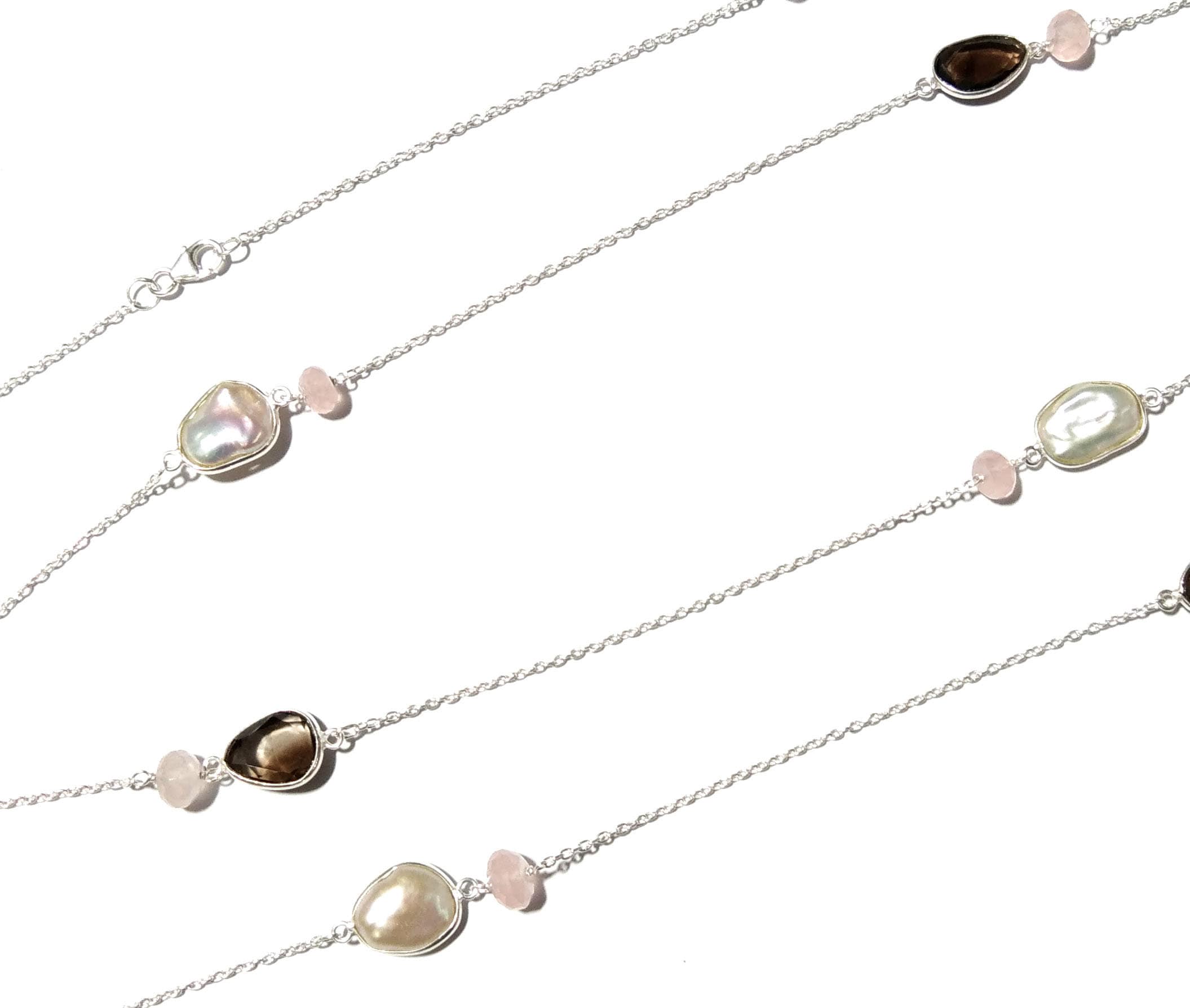Very Beautiful Log Necklace ! Natural Gemstone Smoky Quartz, Rose Quartz & Pearl Log Beaded Necklace With 925 Starling Silver Length 40 inch