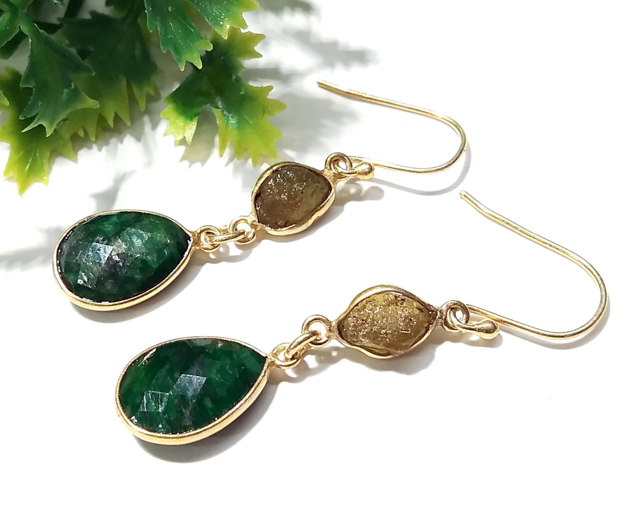 Natural Emerald Gemstone, Peridot Rough Earring, 925 Sterling Silver With Gold Plaited Earring, Beautiful Bezel Earring For Girls/Women Gift