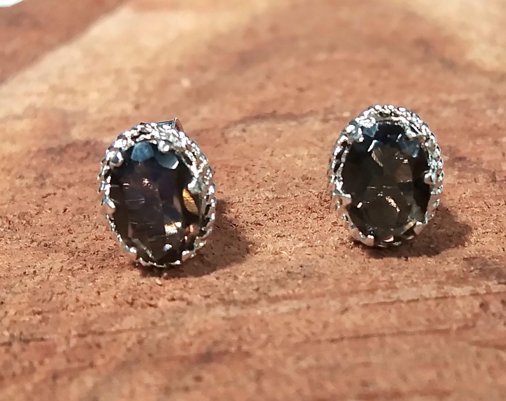 Natural Smoky Quartz Stud Earrings, 925 Starling Silver Earring Jewelry, Smoky Quartz Gemstone Oval Shape Stone Size 7x5 mm Gift For women.