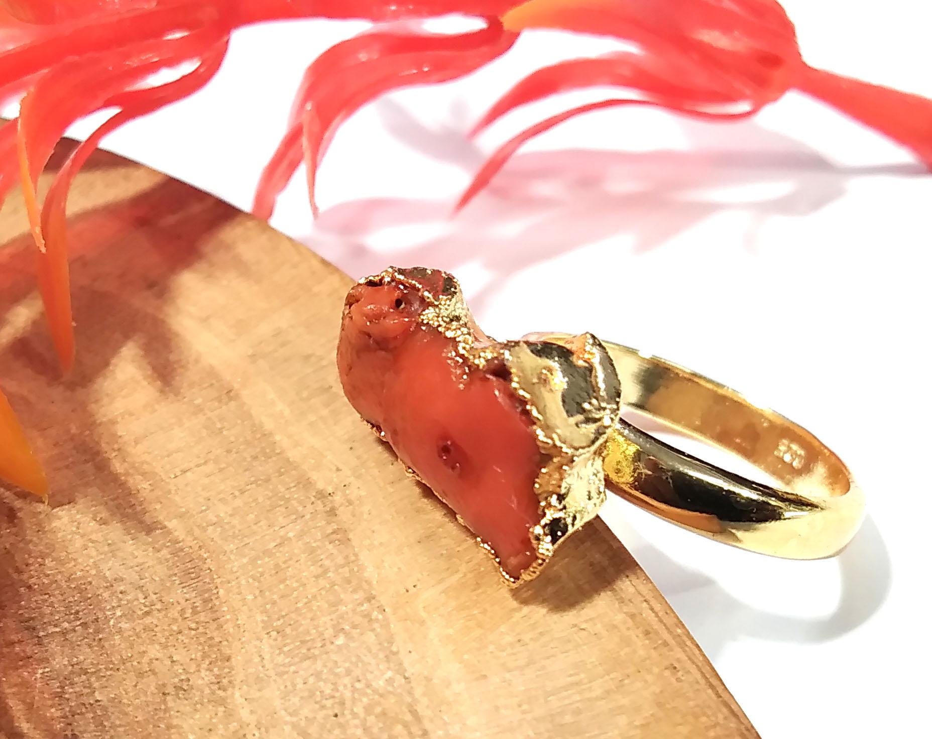 Natural Red Coral Rough Stone Ring, Solid 925 Sterling Silver Gold Plated Ring, Red Coral Stone Size 15x8 mm Handmade Gift Statement Ring