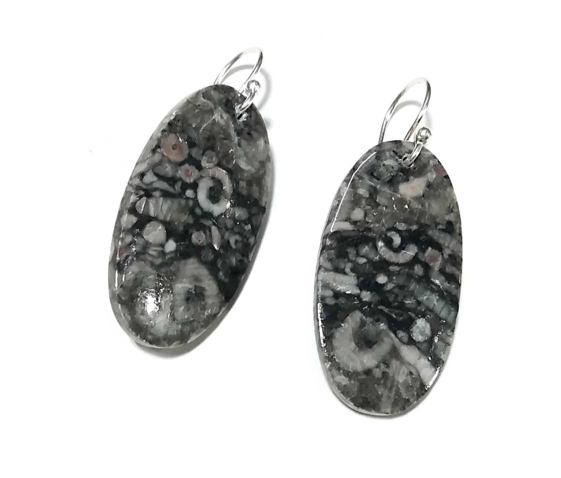 Natural Crinoid Fossil Gemstone Earring, 925 Sterling Silver Earring, Very Beautiful Crinoid Fossil Stone Earring, For Girls & Women Earring