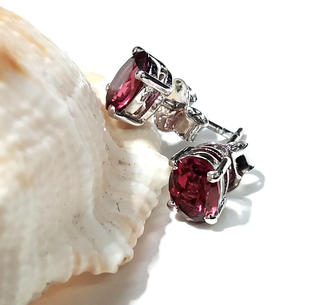 Natural Garnet Stud Earrings, 925 Starling Silver Earring Jewelry, Red Garnet Gemstone Oval Shape Stone Size 7x5 mm Christmas Gift For Her