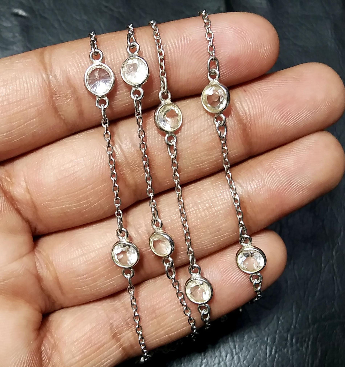 Natural White Topaz Stone Chain Necklace, Solid 925 Starling Silver Chain, 44''Inches Adjuster Beaded Chain Necklace Jewelry Making
