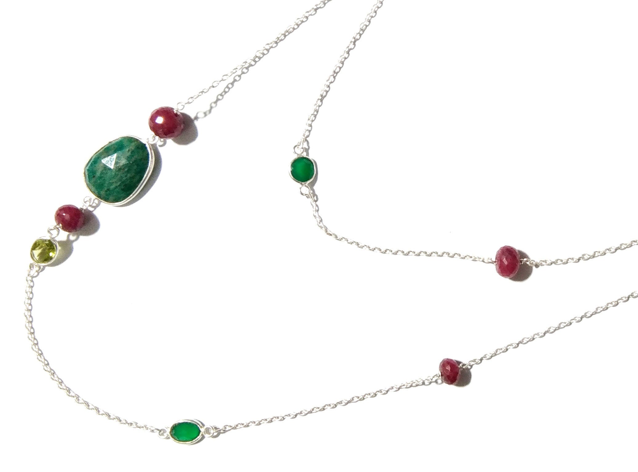 Log Chain Necklace Ruby Amazonite Peridot Green Onyx Stone Bezel & Beaded Necklace Chain 925 Starling Silver Necklace Chain 40 inche Chaine
