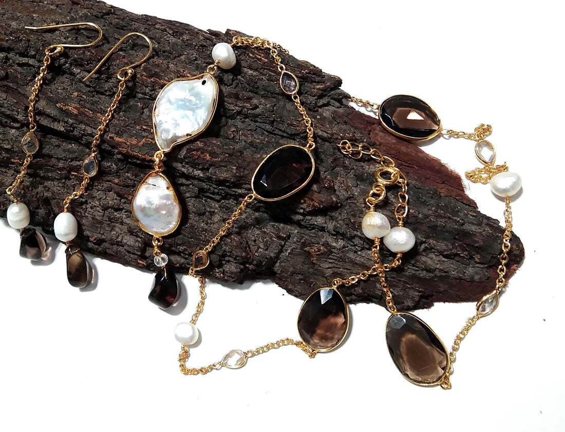 Natural Fresh Water Pearl/Smoky Quartz Stone Necklace Earring Jewelry Set, 925 Sterling Silver With Gold Plated Necklace Statement Jewelry