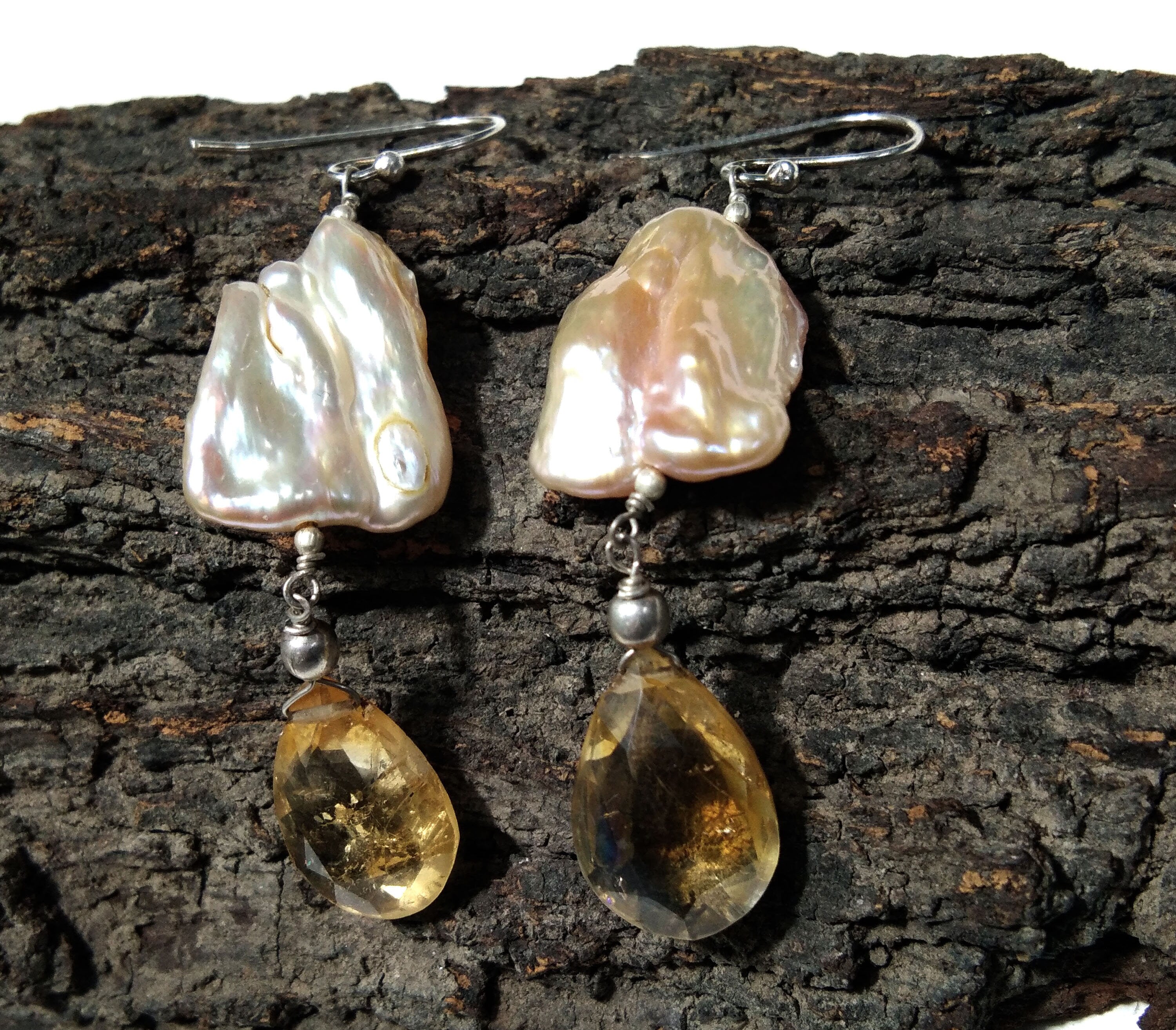Natural Fresh Water Baroque Pearl & Citrine Gemstone Drop Earring, Solid 925 Starling Silver Earring, Girls/Women Gifts Wedding Earring