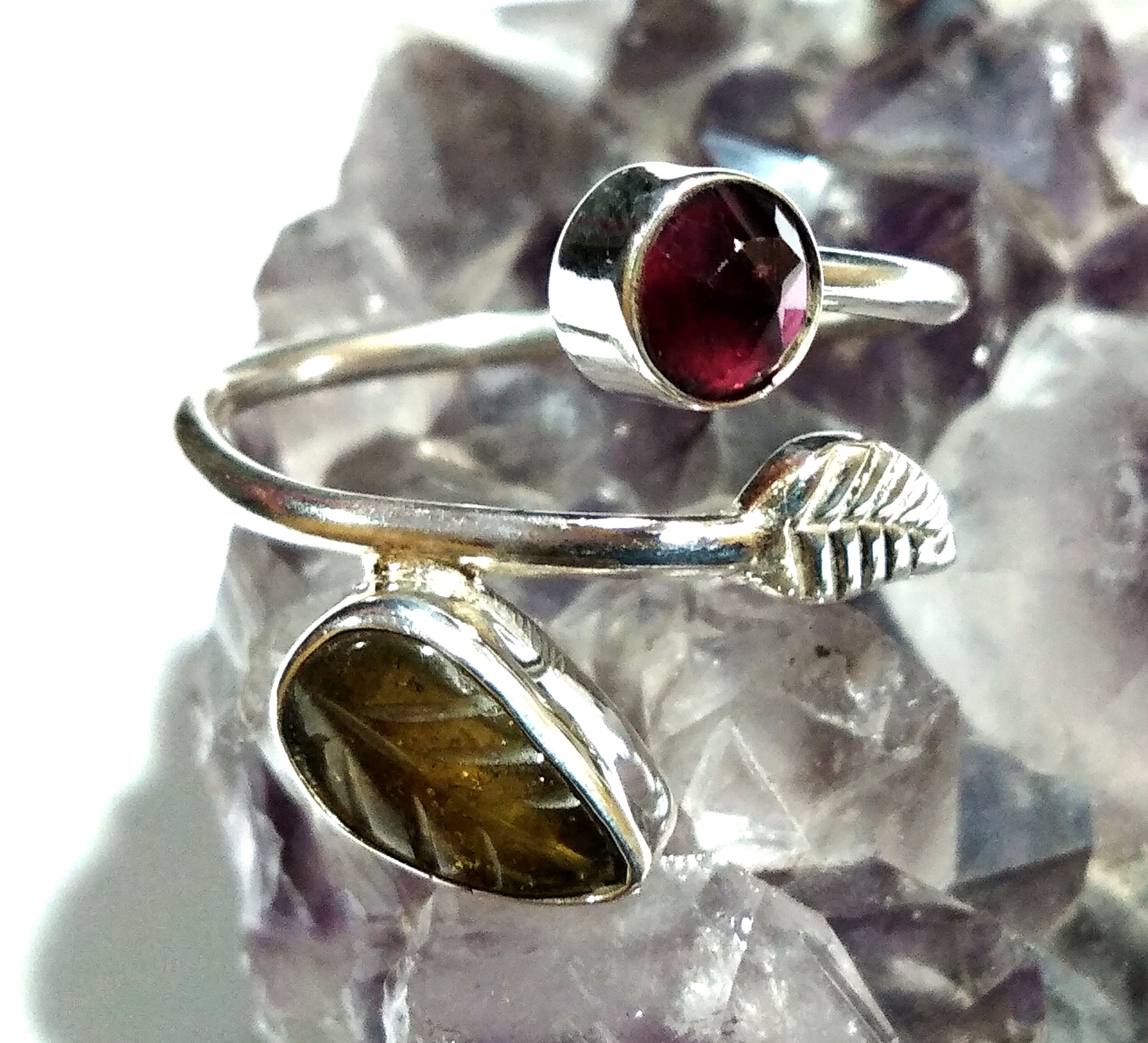 Tourmaline Leaf & Garnet Stone Rings, 925 Starling Silver Ring, Natural Gemstone Jewelry, Beautiful Nice Design Silver Ring, Wedding Gift.