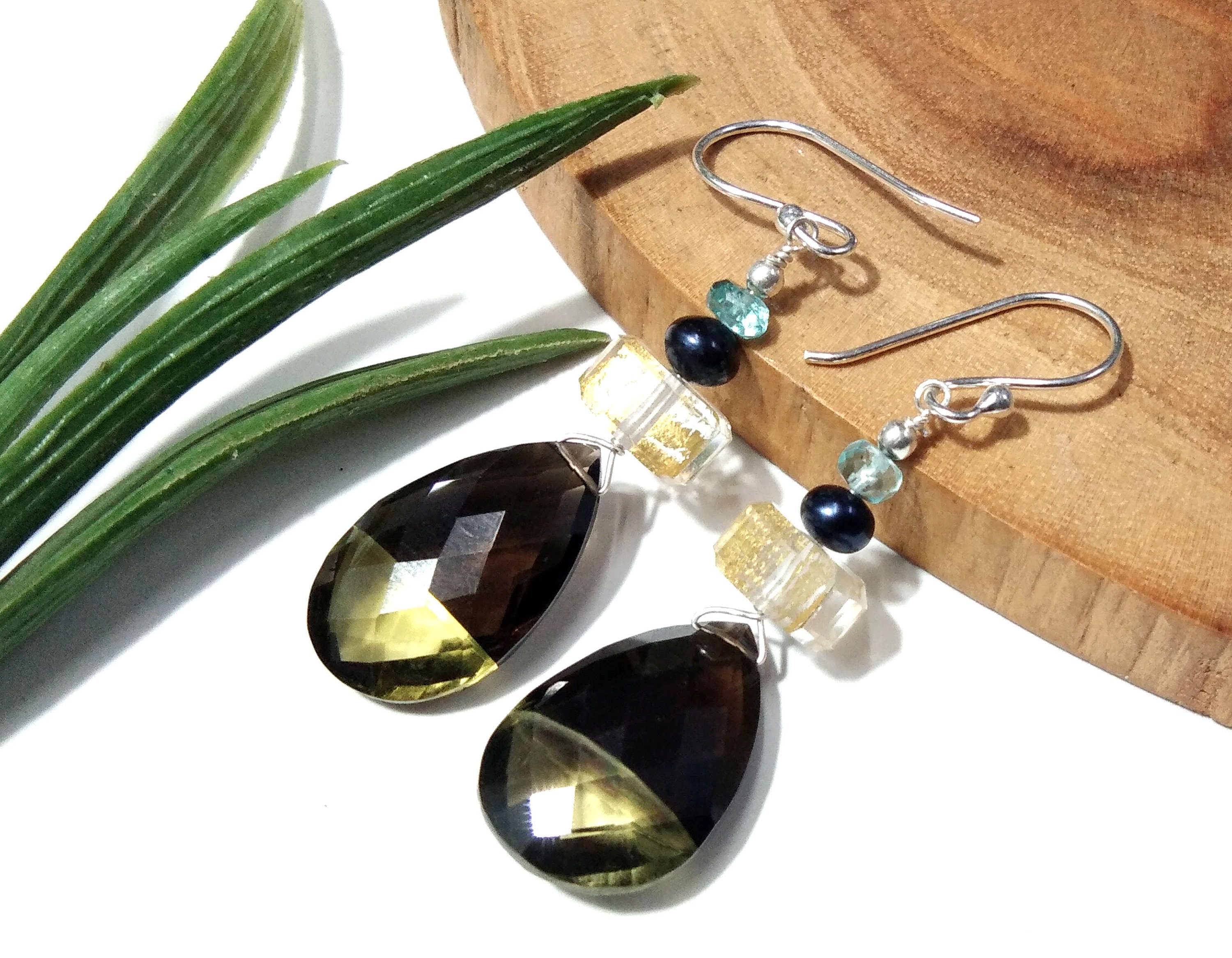 Natural Doublet Gemstone Lemon & Smoky Quartz Multi Stone Earrings, With 925 Starling Silver Jewelry Earrings, For Gifts Girls/Women