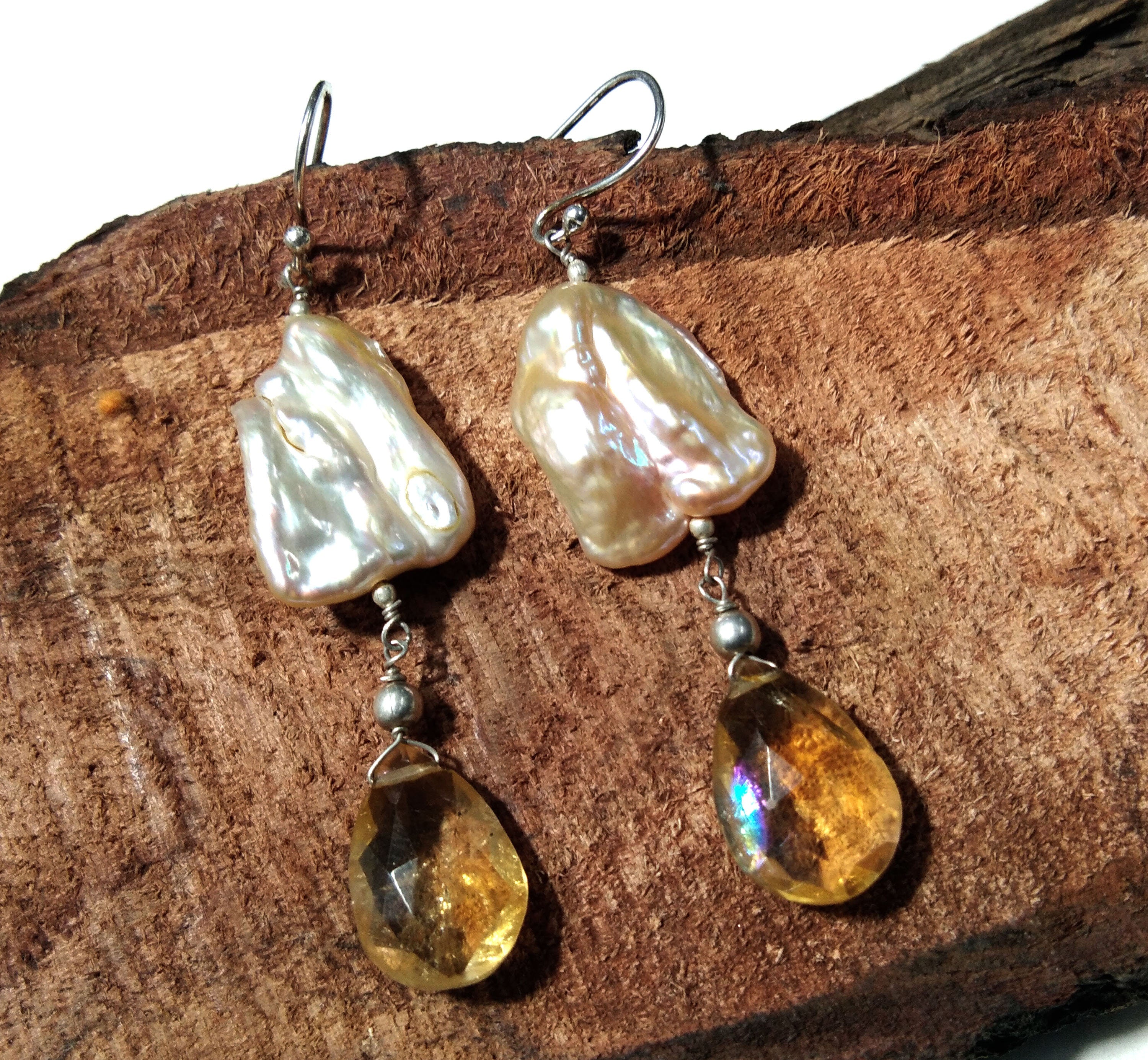 Natural Fresh Water Baroque Pearl & Citrine Gemstone Drop Earring, Solid 925 Starling Silver Earring, Girls/Women Gifts Wedding Earring