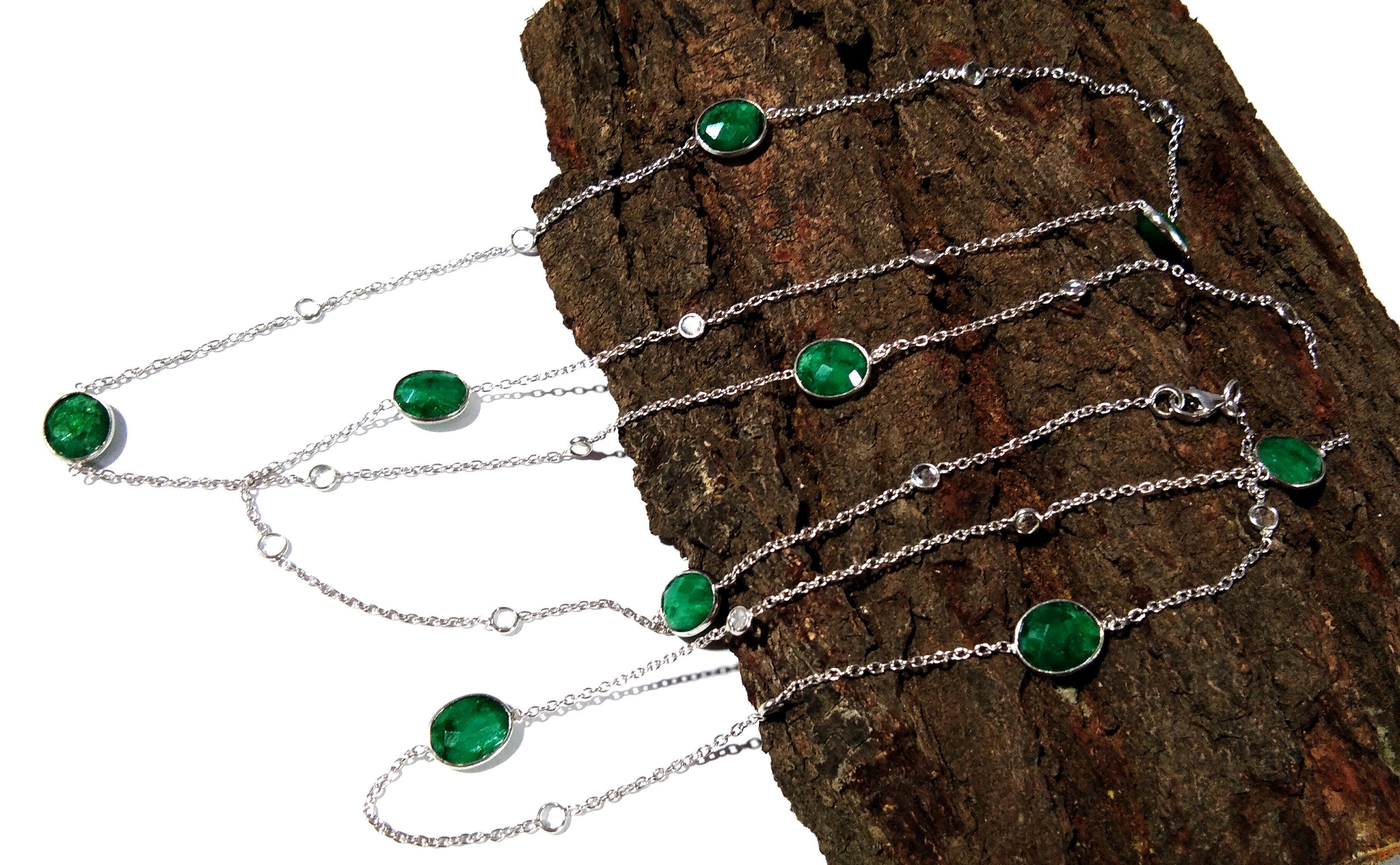 Emerald Necklace Chain,  925 Sterling Silver With Zircon Polky Necklace, Handmade Bezel Necklace, 40" Inches Length.