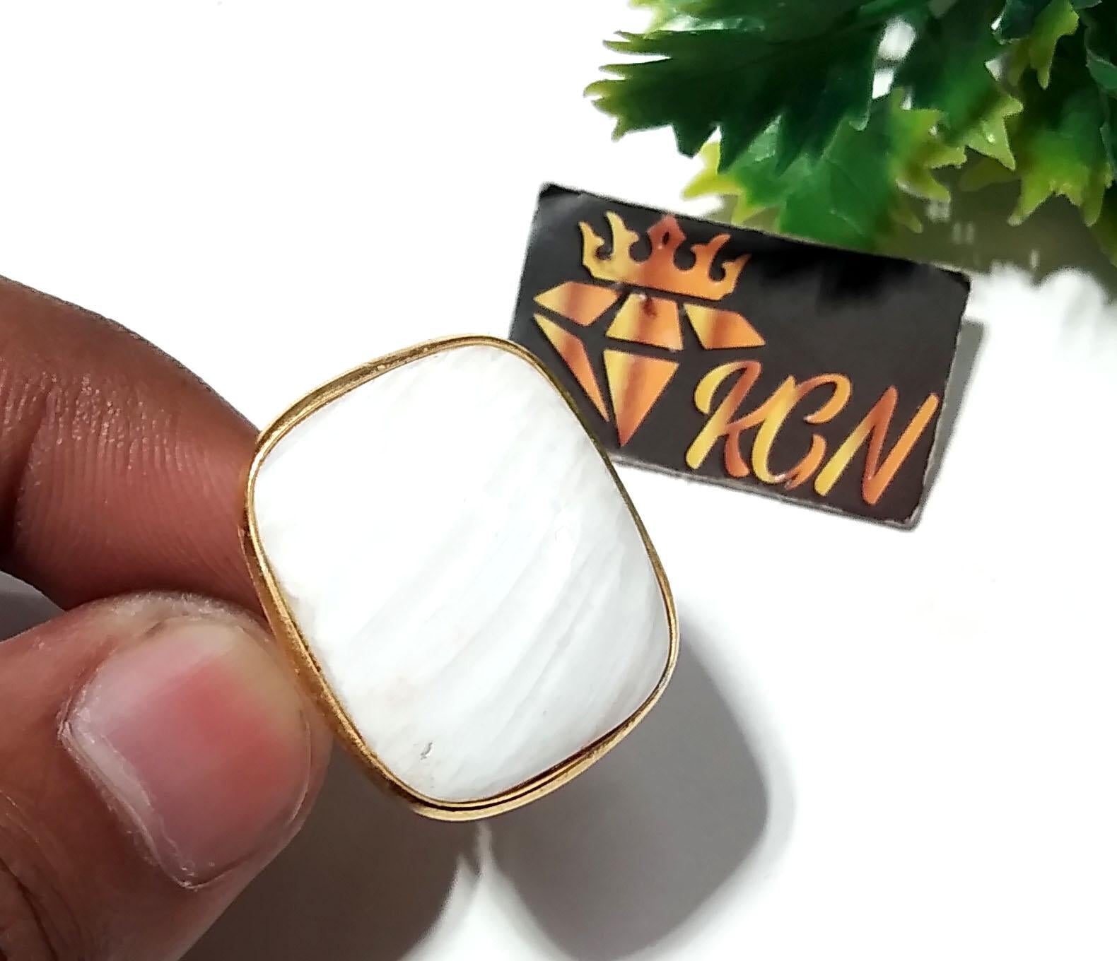 Natural White Scolecite Rings, Solid 925 Starling Silver Gold Plated Rings, Jewelry Stone Size 21x18 mm Handmade Gift Wedding Ring Jewelry