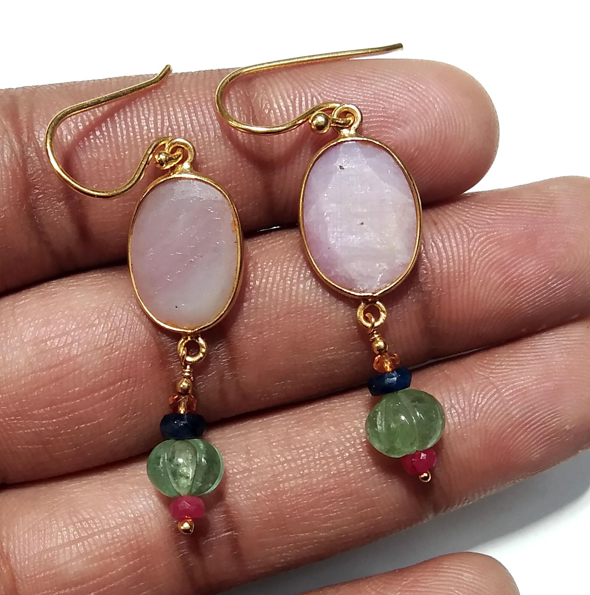 Natural Kunzite,Strawberry Quartz Stone Earring, 925 Starling Silver Gold Plated Earring Beautiful Kunzite Stone Size 13x10mm Gift For Women