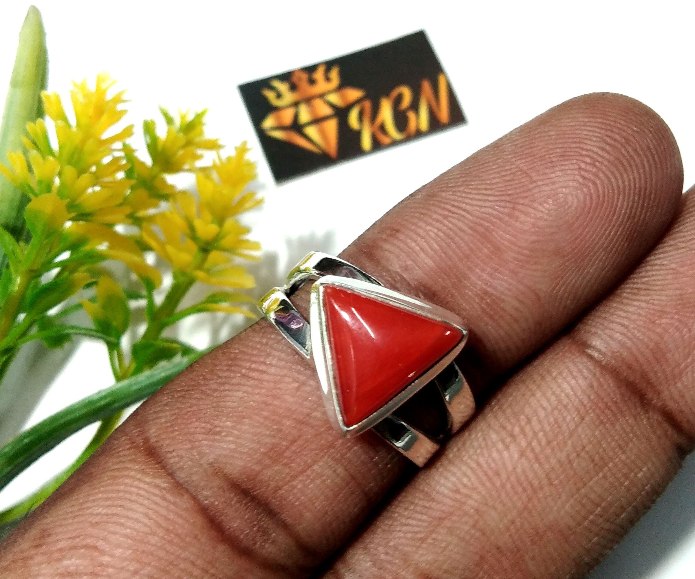 Natural Italian Red Coral Ring, Beautiful Coral Trillion Shape Handmade Ring, 925 Sterling Silver Ring, Wedding & Anniversary Gift Ring
