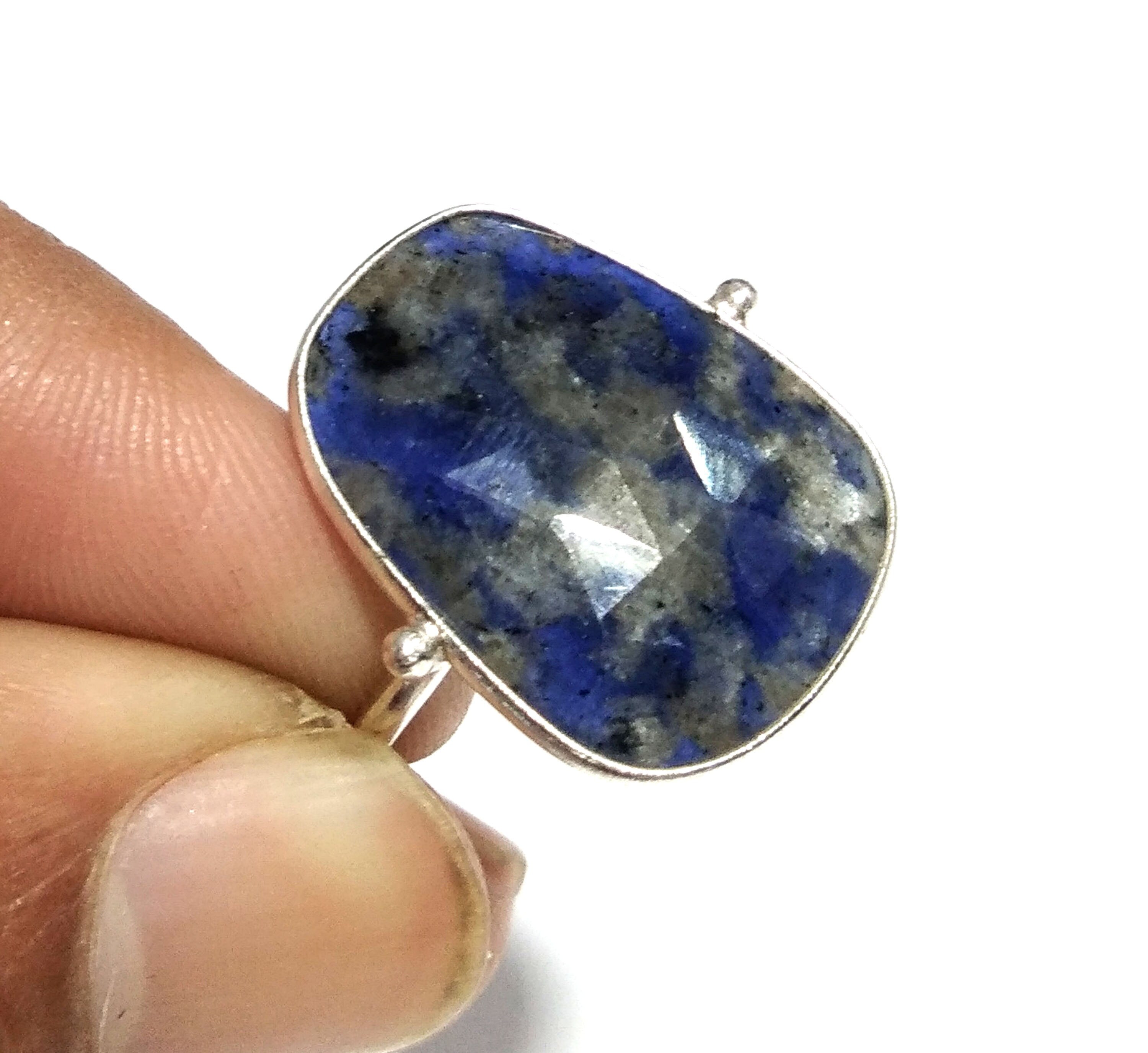 Blue Spot Jasper Checker Cut Stone Ring, 925 Solid Starling Silver Ring, Gemstone Size 16x21 mm Natural Blue Spot Jasper Stone Gift Ring