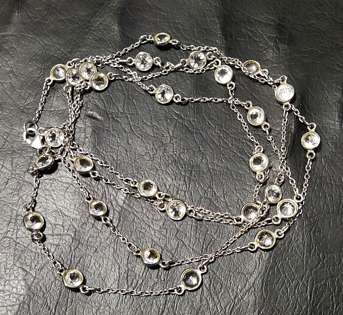 Natural White Topaz Stone Chain Necklace, Solid 925 Starling Silver Chain, 44''Inches Adjuster Beaded Chain Necklace Jewelry Making