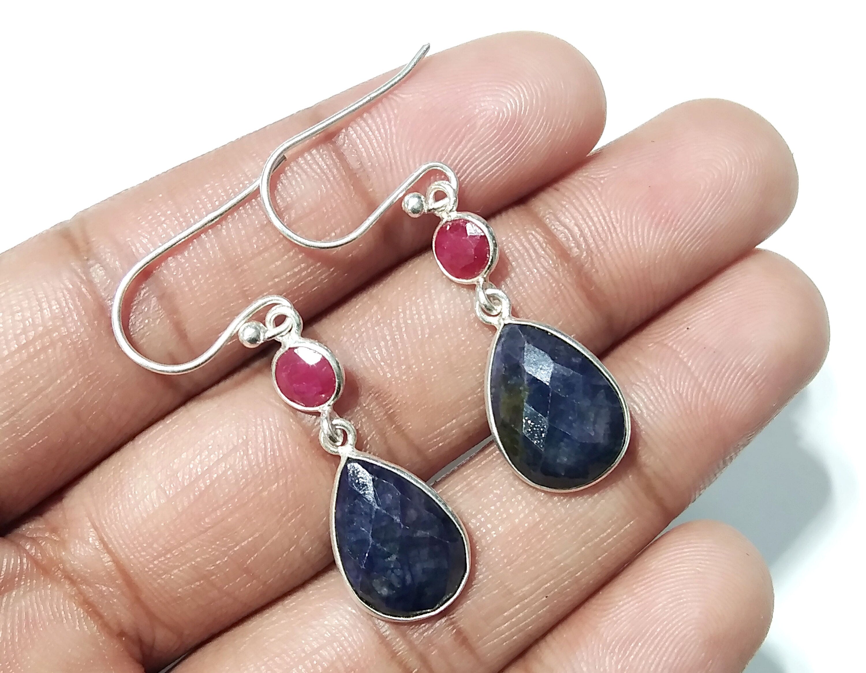 Beautiful Earring, Blue Sapphire & Red Ruby Earring, Natural Gemstone Faceted Earring, 925 Starling Silver Earring, Handmade Bezel Earring's