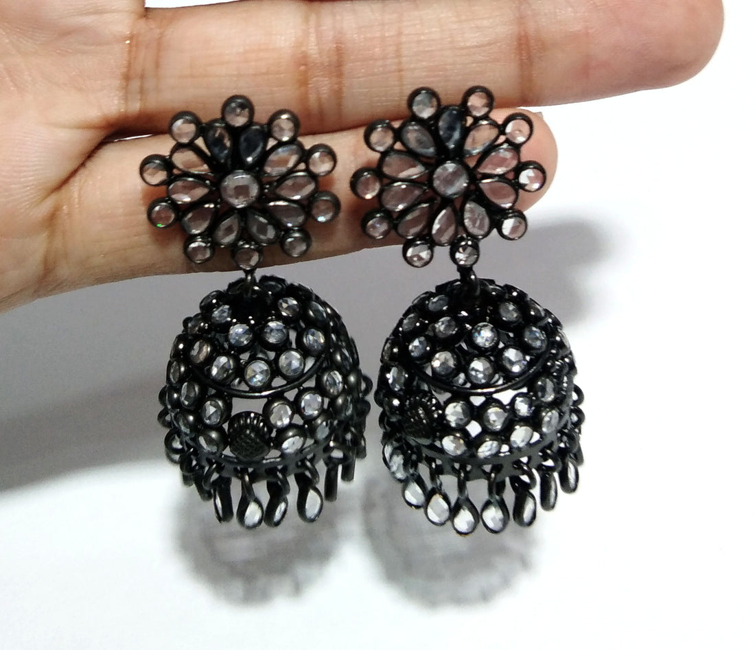 Natural White Zircon Jhumka Earrings, 925 Solid Starling Silver Black Plated Jhumka Earring, Rajasthani style jumka Earrings, Gift Earring