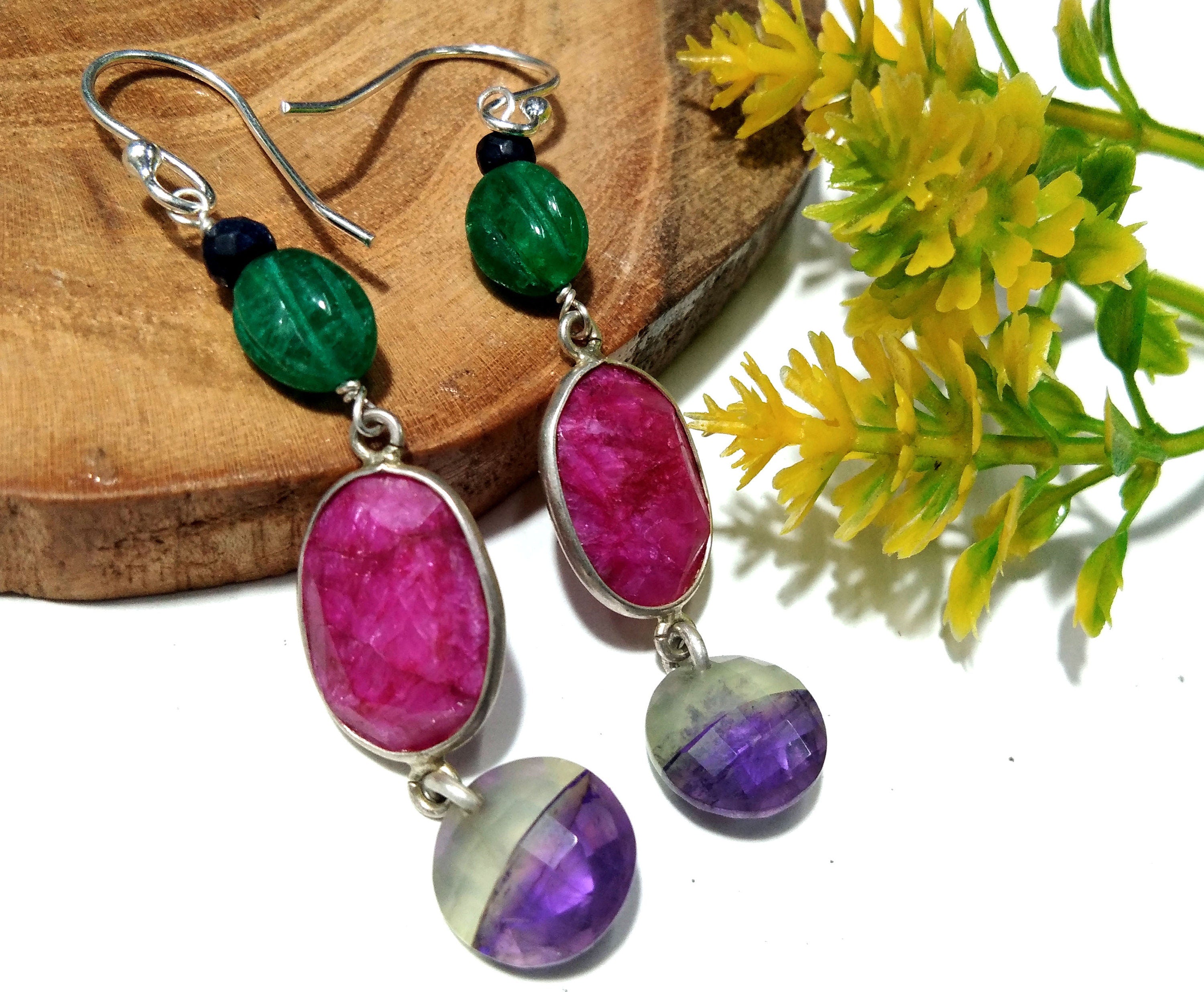 Natural Doublet Gemstone Amethyst & Ruby Multi Stone Earring, 925 Sterling Silver Earring Jewelry, For Girls/Women, Gift Earring