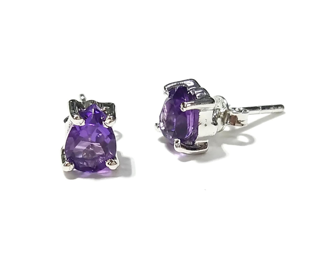 Natural Amethyst Stud Earrings, 925 Sterling Silver Amethyst Stud Earrings, Amethyst Gemstone Pear Shape Stone Size 7x5mm Gift For Women.