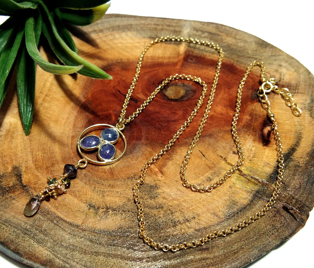 Natural Tanzanite Gemstone Chain Necklace Pendant, 925 Starling Silver Gold Plated Chain Necklace 25 Inche Top Color Tanzanite Necklace Gift