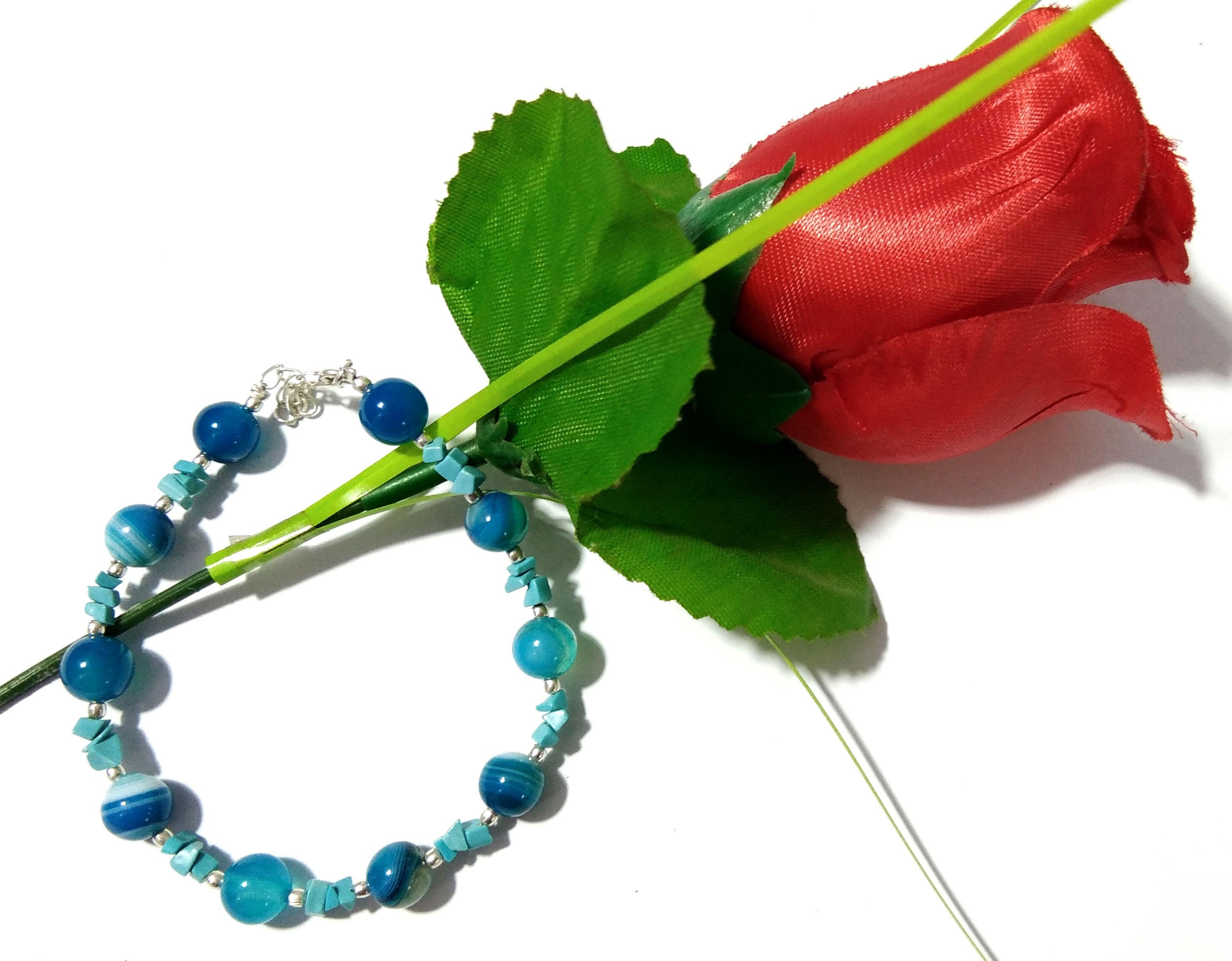 Blue Lace Agate & Turquoise Healing Crystal Beaded Bracelet, Natural Gemstone With 925 Silver Jewelry, Bridesmaid Gift, Friendship Bracelet