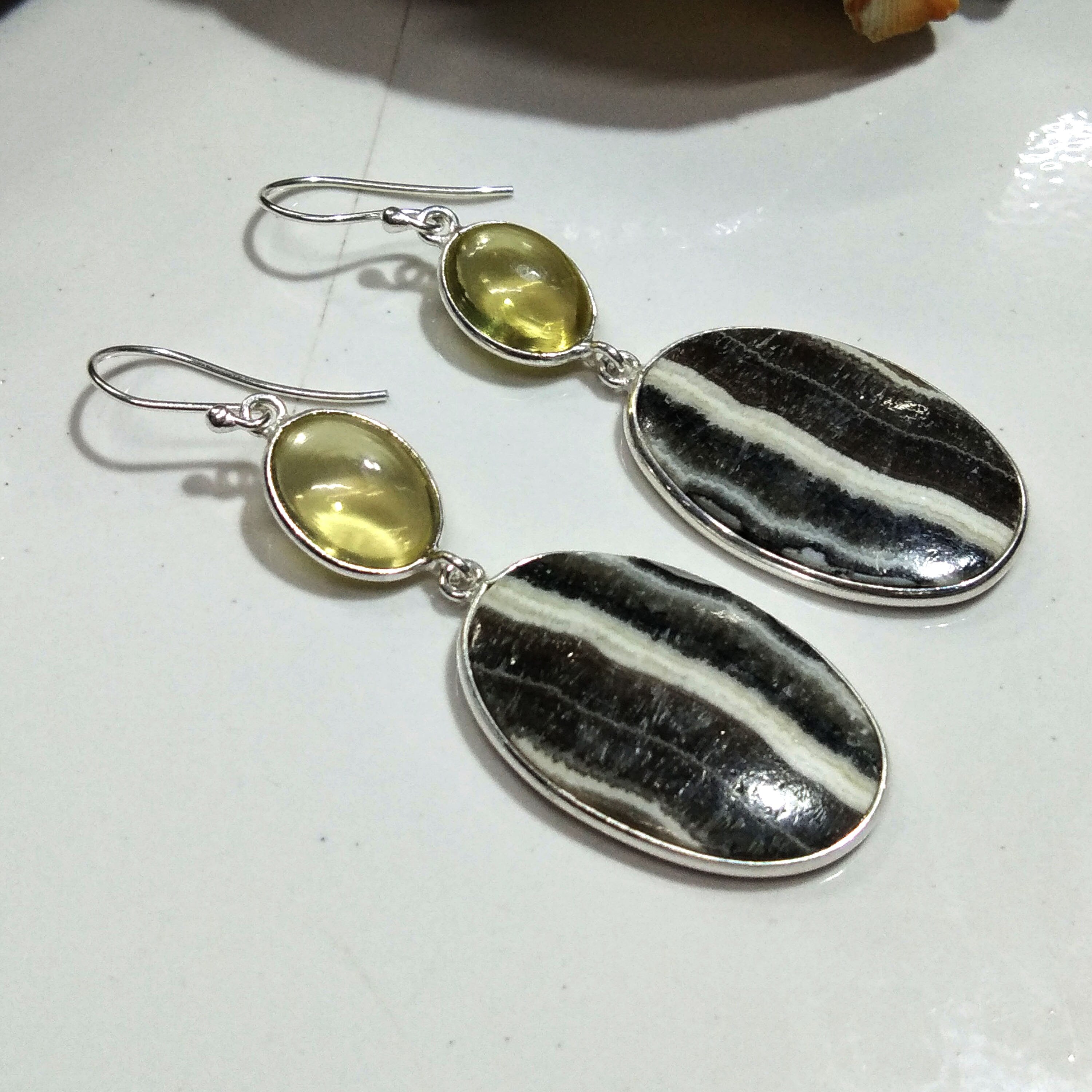 Natural Zebra Jasper, Lemon Quartz Gemstone Earring, 925 Solid Starling Silver Earring, Handmade Silver Jewelry Stone Earring, Gift Wedding