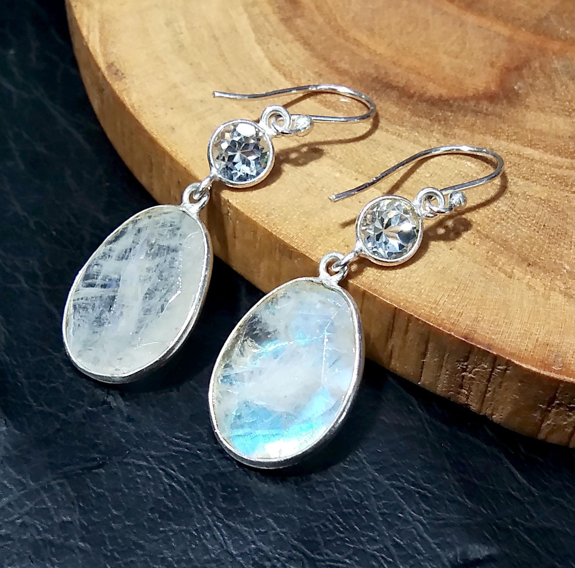 Natural Topaz And Rainbow Moonstone Faceted Earring, 925 Solid Starling Silver Earring, Handmade Moonstone Earring, For Girls/Women.
