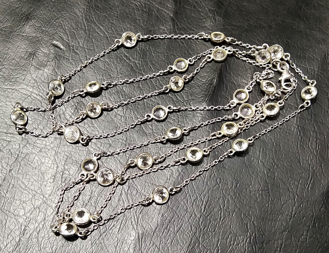 Natural White Topaz Stone Chain Necklace, Solid 925 Starling Silver Chain, 44''Inches Adjuster Beaded Chain Necklace Jewelry Making