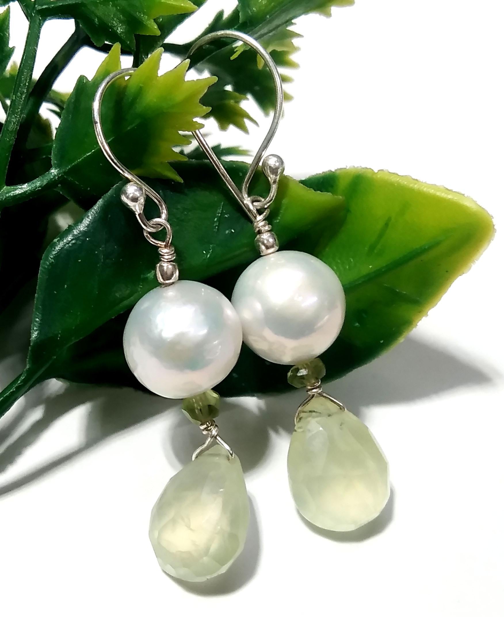 Natural Prehnite/Baroque Pearl Stone Earring, 925 Starling Silver Earring, Prehnite Stone Handmade Earring, Gift Women Bridesmaid Earring