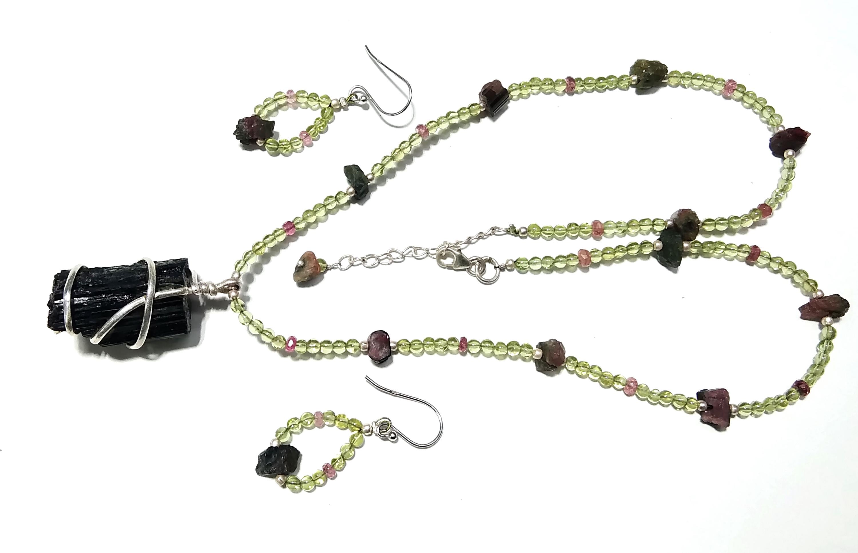 Natural Black Tourmaline/Peridot Gemstone Bead Necklace Jewelry Earring Set, 925 Sterling Silver Necklace Beaded Necklace Statement Jewelry