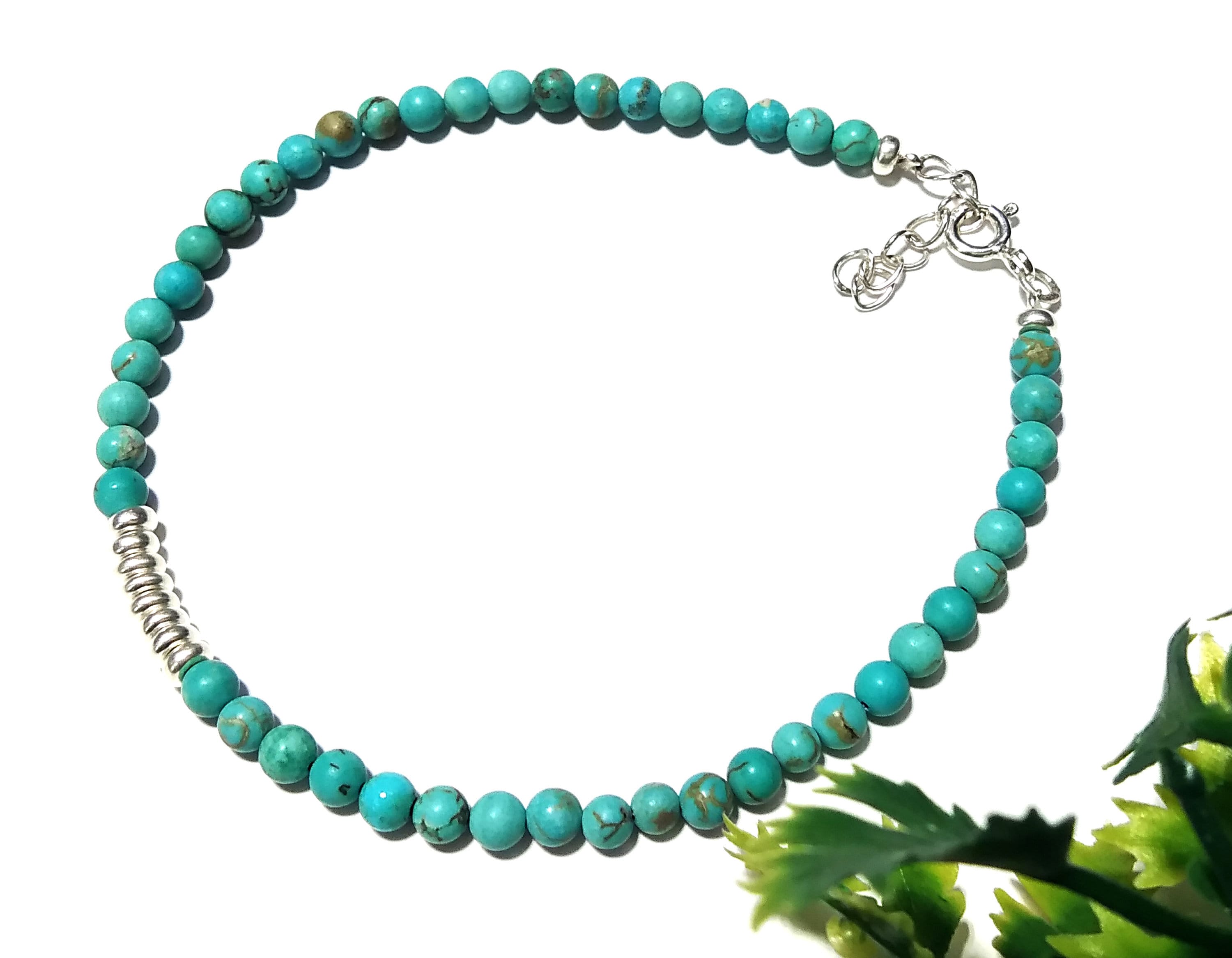 Natural Turquoise Gemstone Bracelet, Solid 925 Silver Wristlet Beaded Bracelet, Healing Crystal Beaded Bracelet, Men & Women Round Bracelet