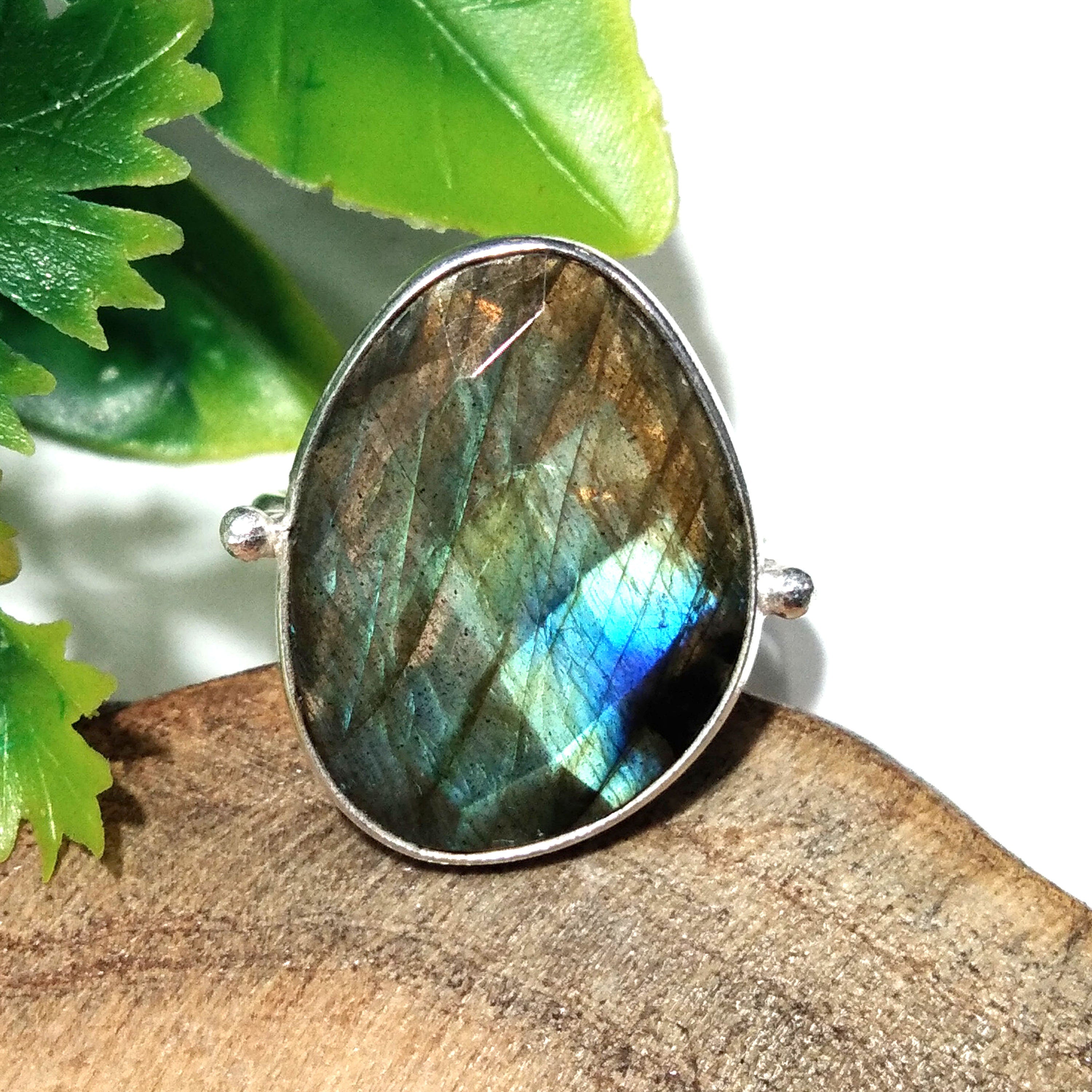 Natural Labradorite Checker Cut Stone Ring, 925 Starling Silver Ring, Stone Size 20x15 mm Green Fire Labradorite Ring, Gift Birthday Ring