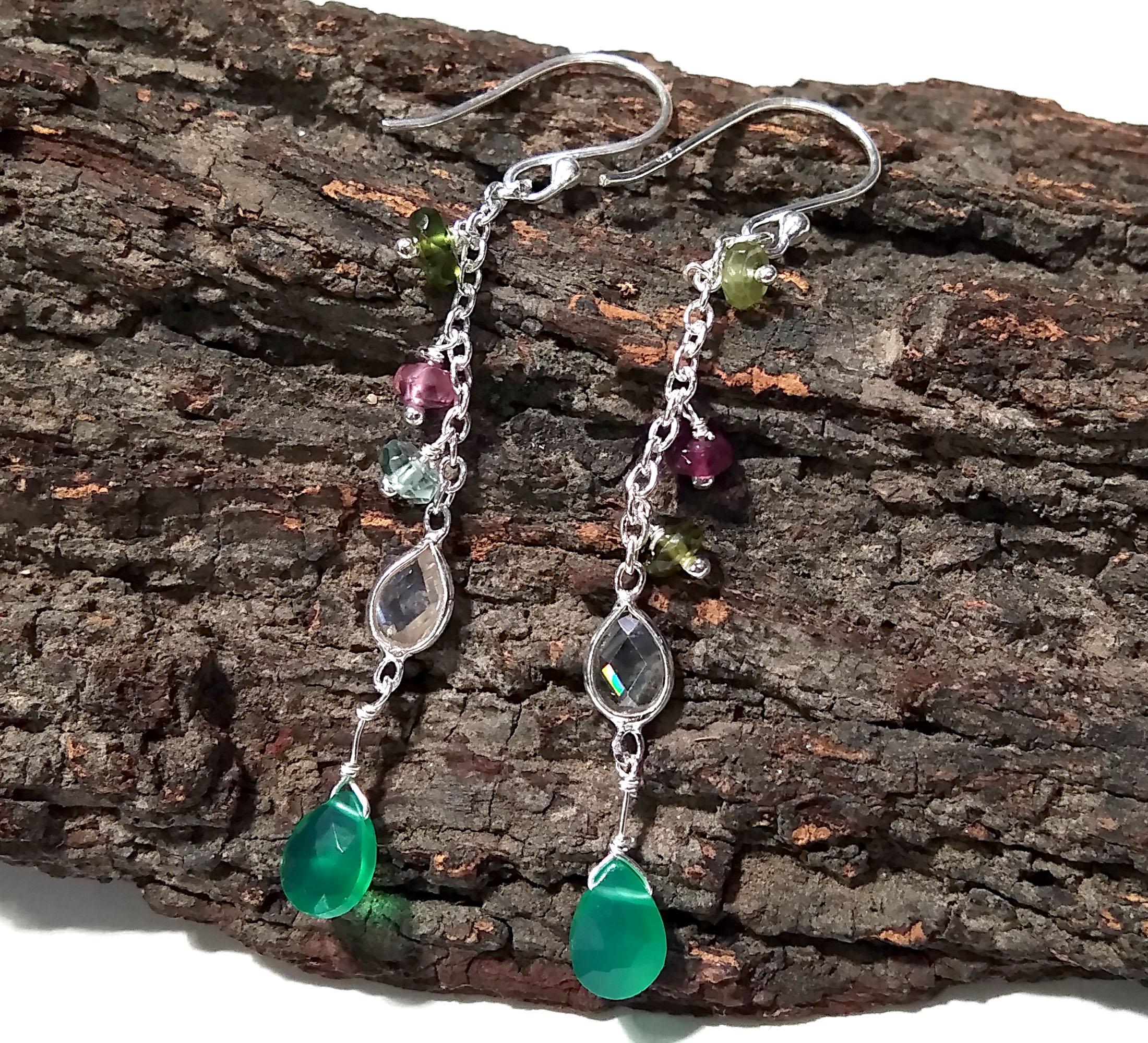 Natural Multi Tourmaline And Green Onyx Gemstone Earrings, 925 Sterling Silver Earring Handmade Making Jewelry Earring, For Girls & Women.