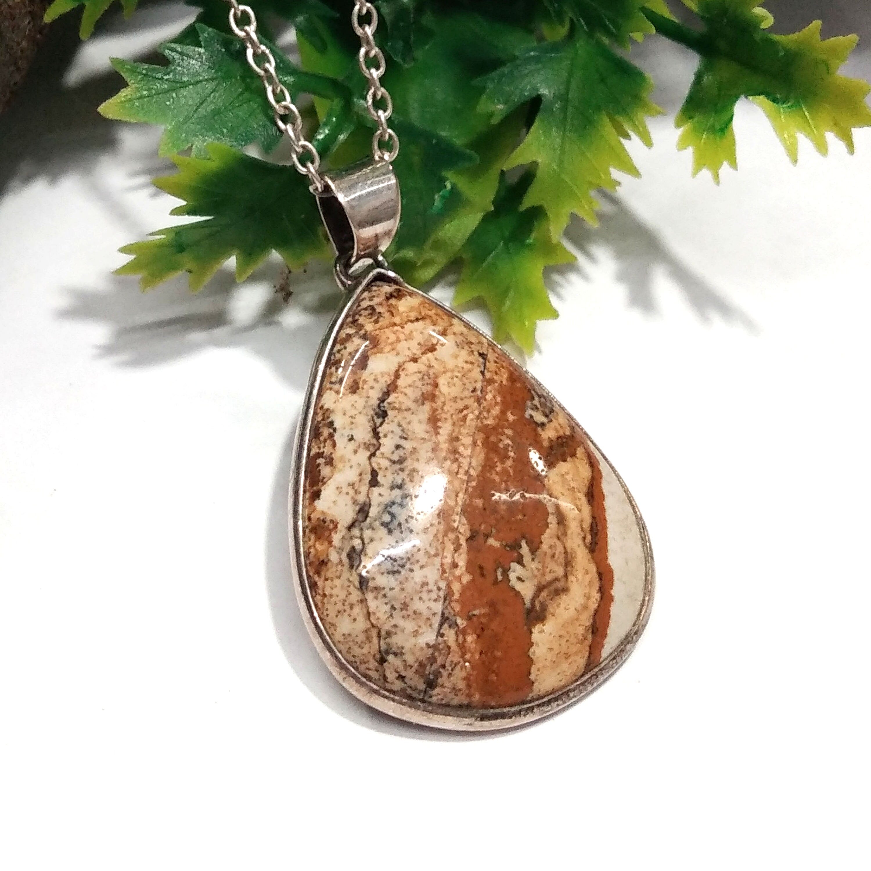 Natural Picture Jasper Stone Chain Pendant Necklace, 925 Starling Silver Pendant Necklace, Handmade Jewelry Stone Size 30x23mm Gift Pendant