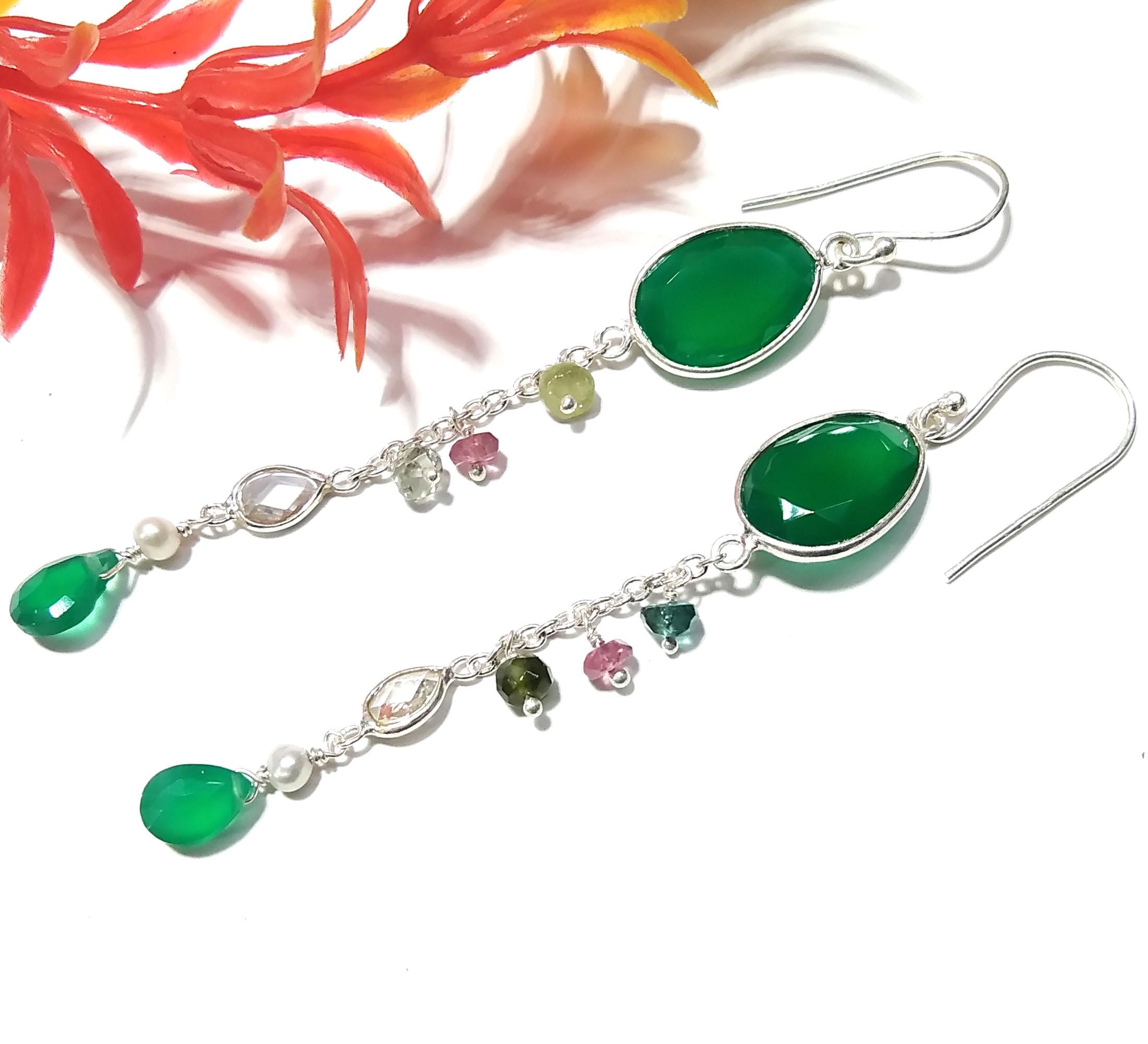 Natural Multi Tourmaline And Green Onyx Gemstone Earrings, 925 Sterling Silver Earring Handmade Making Jewelry Earring, For Girls & Women.