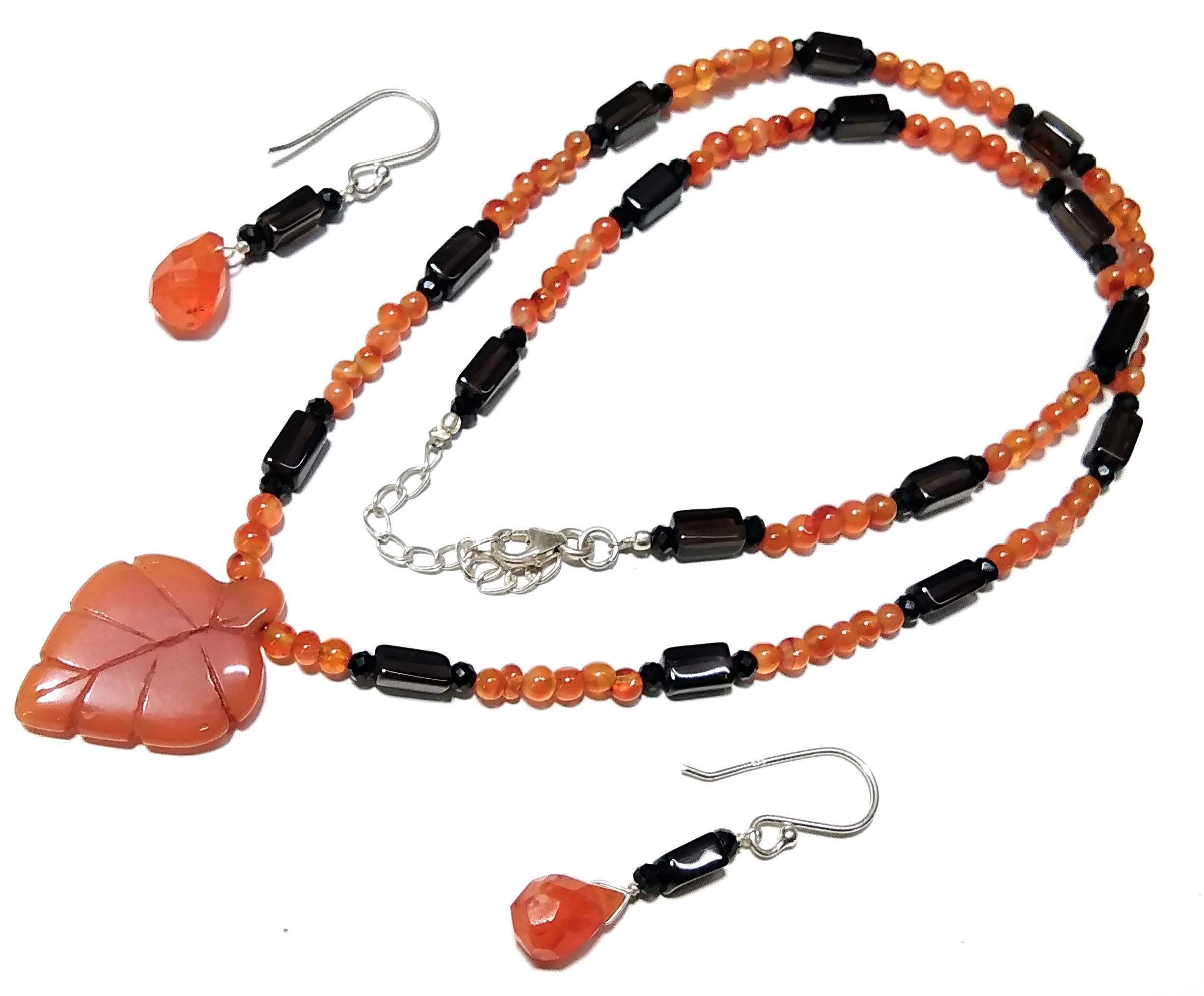 Natural Caroline /Black Onyx Beads Necklace Earring Jewelry Set, 925 Solid Sterling Silver Necklace Earring, Jewelry Gift For Girls & Women