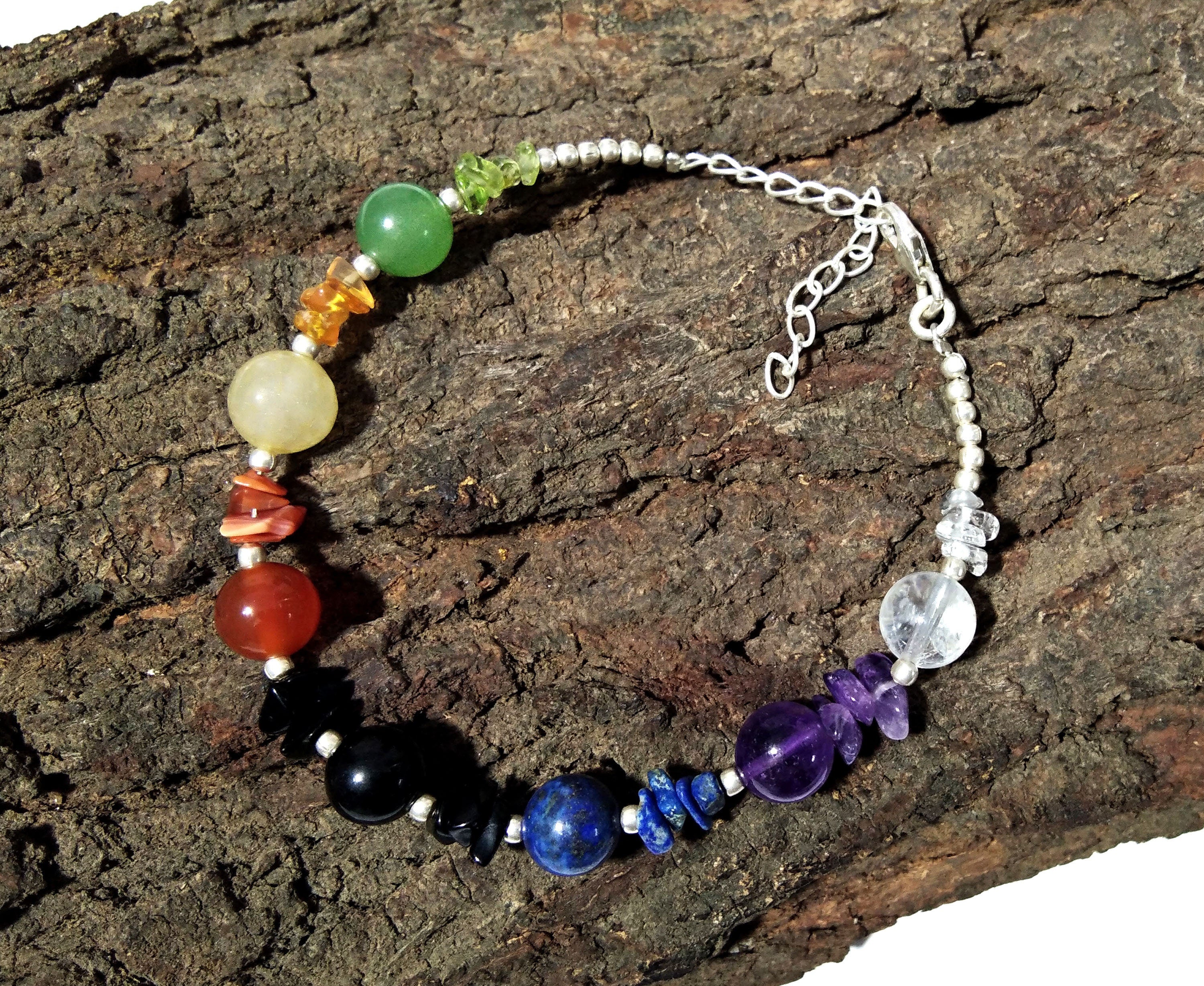 925 Sterling Silver With Natural Gemstone 7 Chakra Bracelet, Reiki Healing Crystal Gemstone Anxiety Healing Crystal Bracelet Yoga Energy