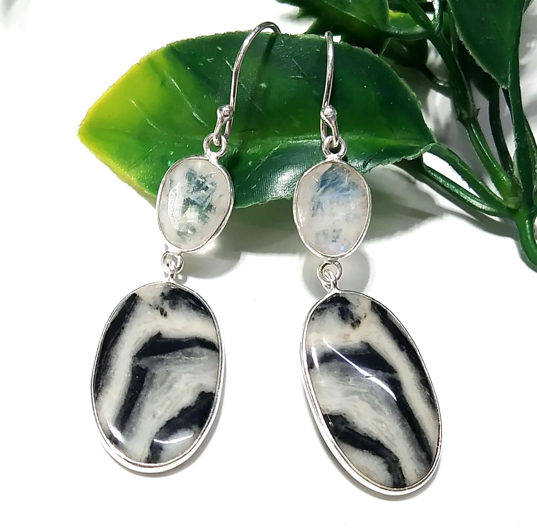 Natural Zebra Jasper And Rainbow Moonstone Earring, 925 Sterling Silver Earring, Jewelry Stone Size 23x14mm For Gift Anniversary Earring