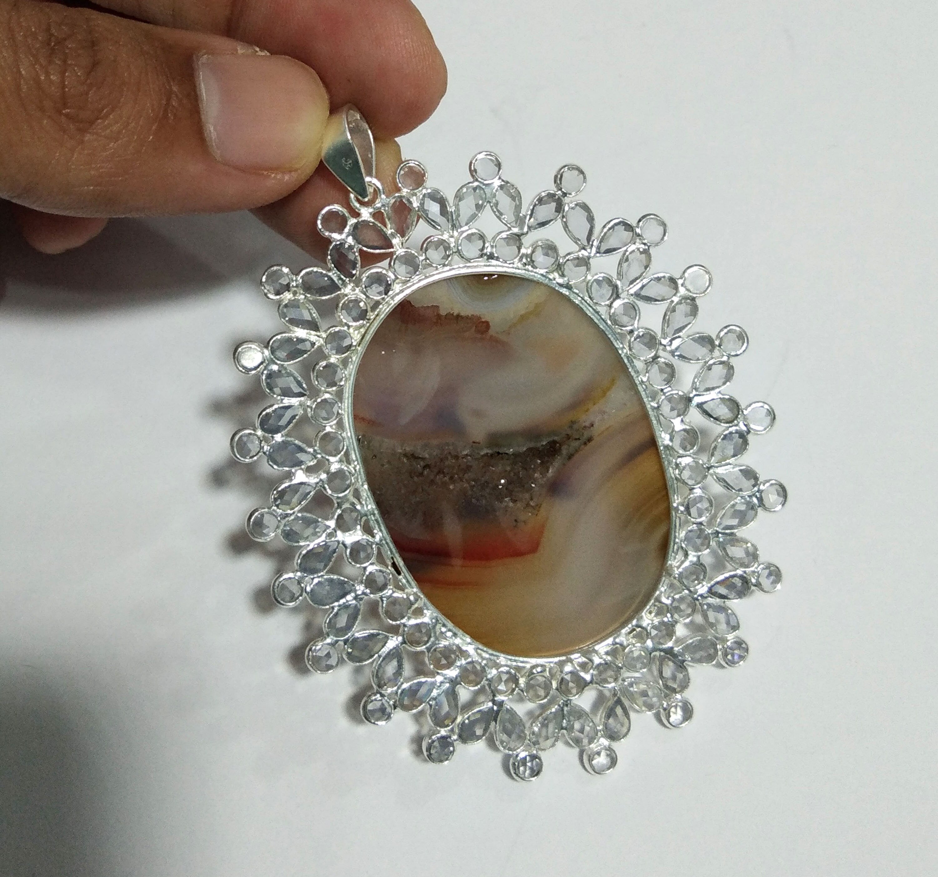Natural Montana Agate, White Zircon Stone Pendant, 925 Solid Starling Silver Pendant, Stone Size 45x33mm For Gift Halloween day Sale Pendant