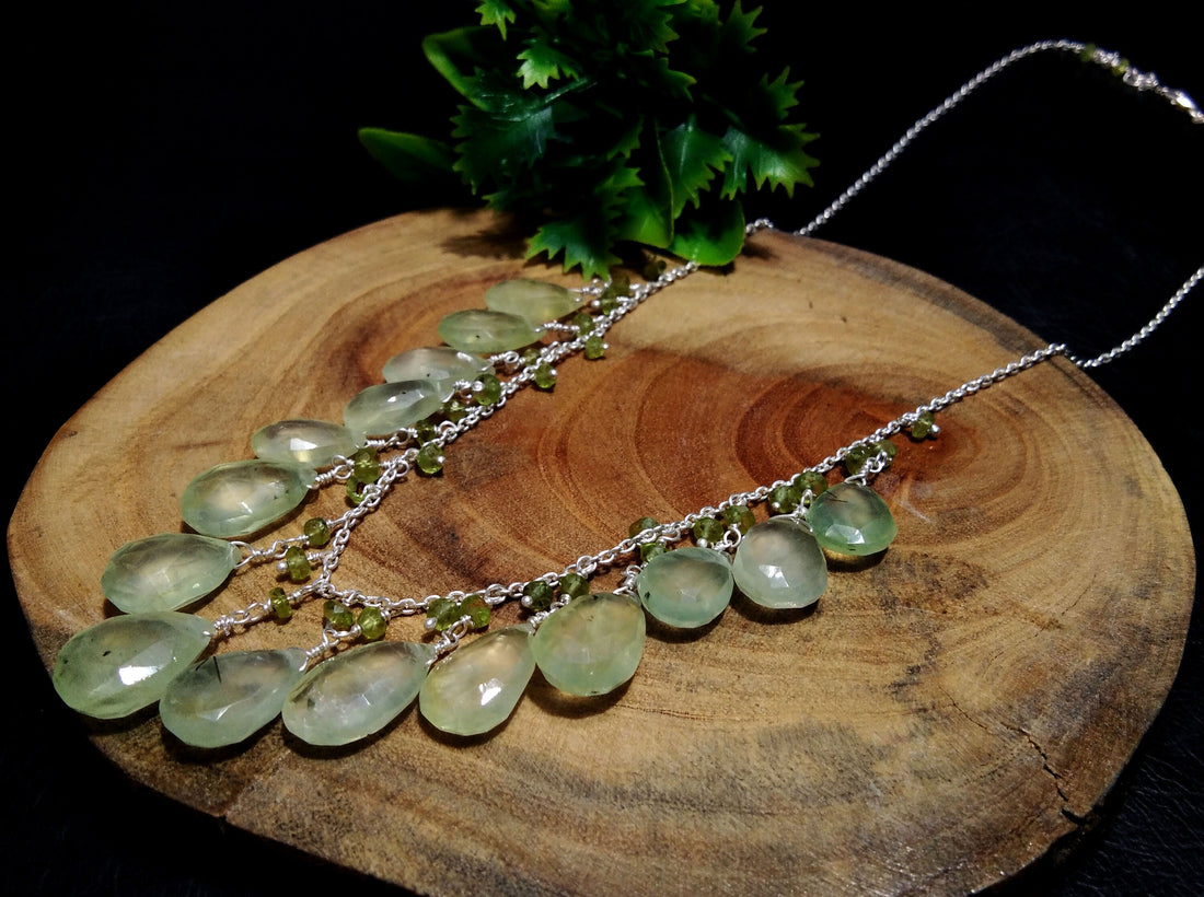 Natural Prehnite Drop's Gemstone Chain Necklace Jewelry, 925 Starling Silver Chain Necklace, Prehnite Stone For Gift Necklace, Girls & Women