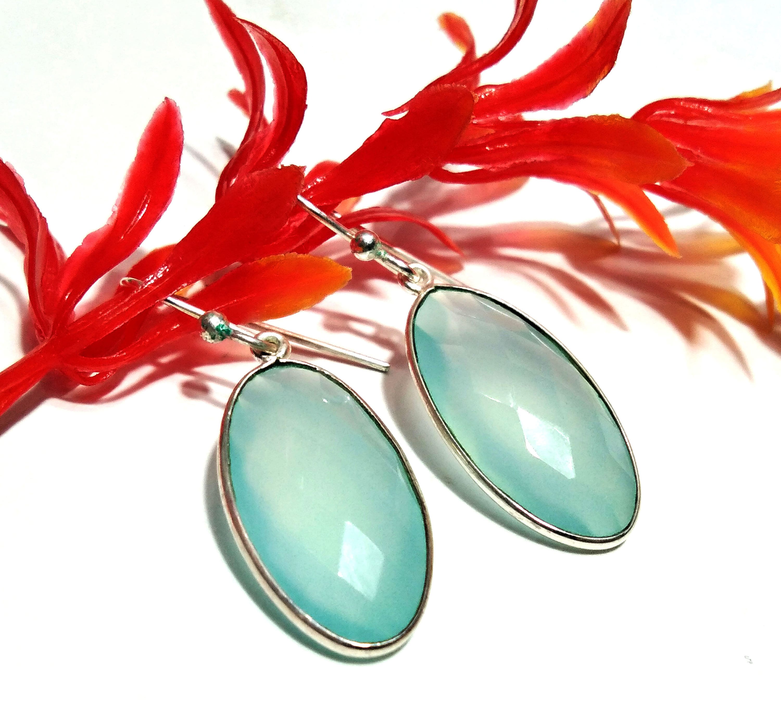 Natural Aqua Chalcedony Stone Earring, 925 Solid Starling Silver Earring, Chalcedony Oval Shape Stone Size 22x12 mm Gift Labor day Earring