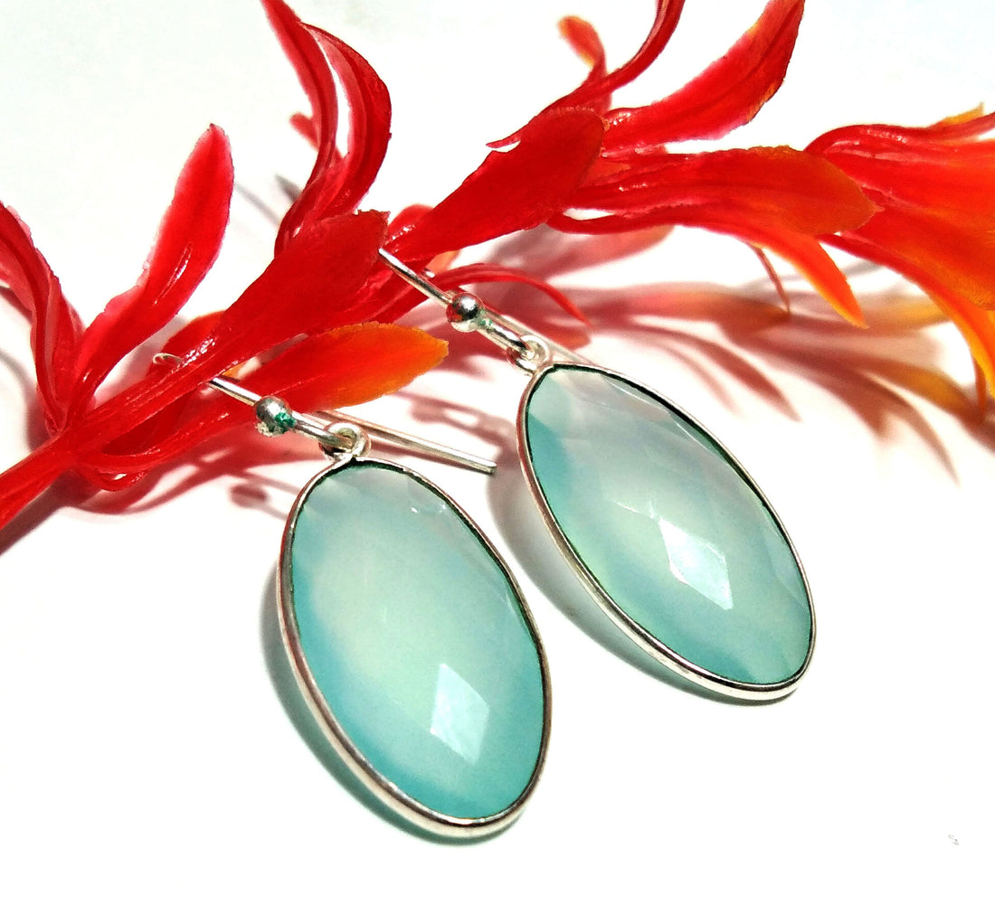 Natural Aqua Chalcedony Stone Earring, 925 Solid Starling Silver Earring, Chalcedony Oval Shape Stone Size 22x12 mm Gift Labor day Earring