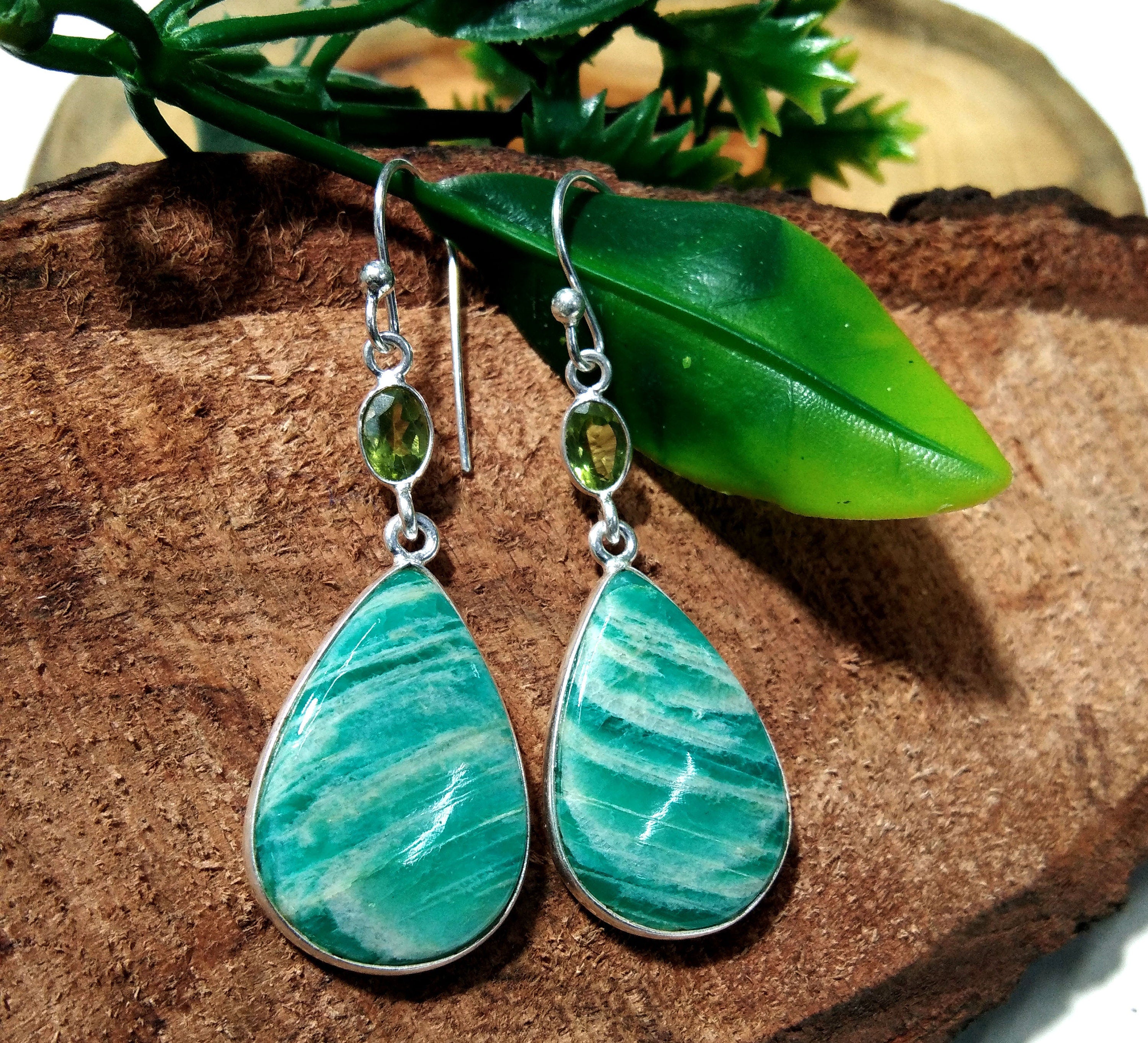 Natural Amazonite/Peridot Earring, Teardrop Amazonite Earring, 925 Silver In Gemstone Earring, Handmade Jewelry, Birthday Gift, Mother Gift