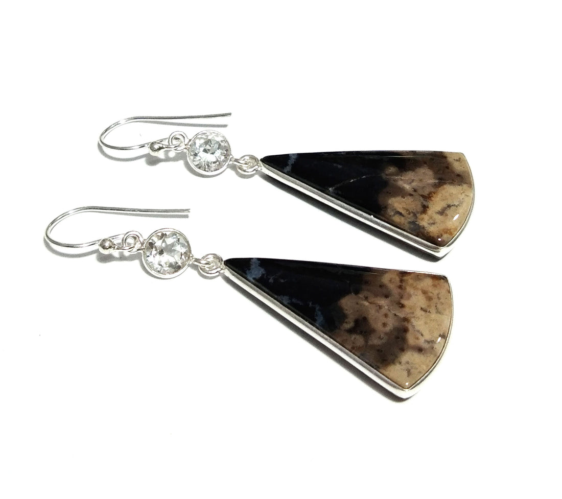 Natural Palm Root Agate/Zircon Gemstone Earring, 925 Solid Starling Silver Earring, Stone Size 31x18 mm Drop Earrings, Birthday Gift Women.