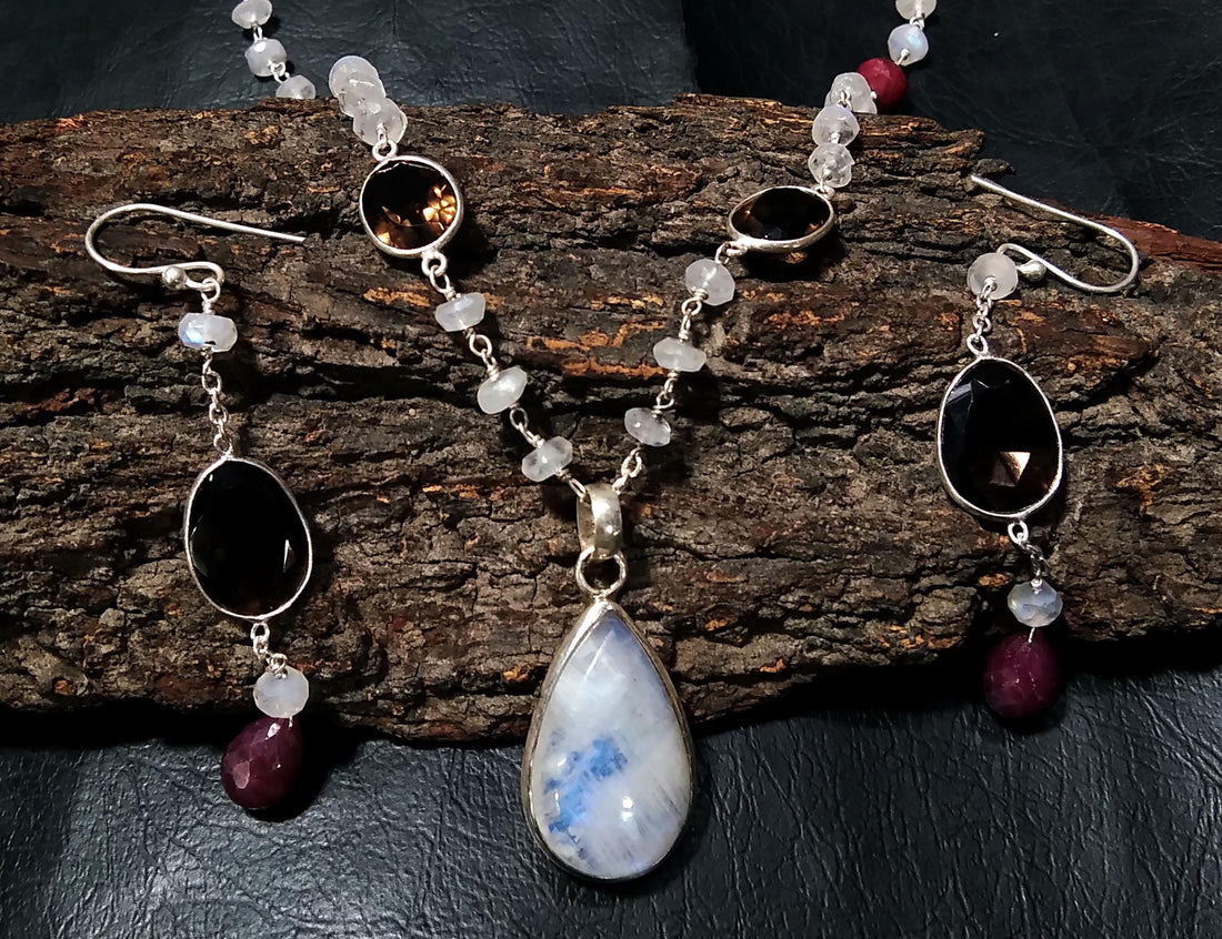Rainbow Moonstone & Smoky Quartz Necklace Earring Jewelry Set, 925 Sterling Silver Necklace Amazing Quality Rainbow Moonstone Gift For Women