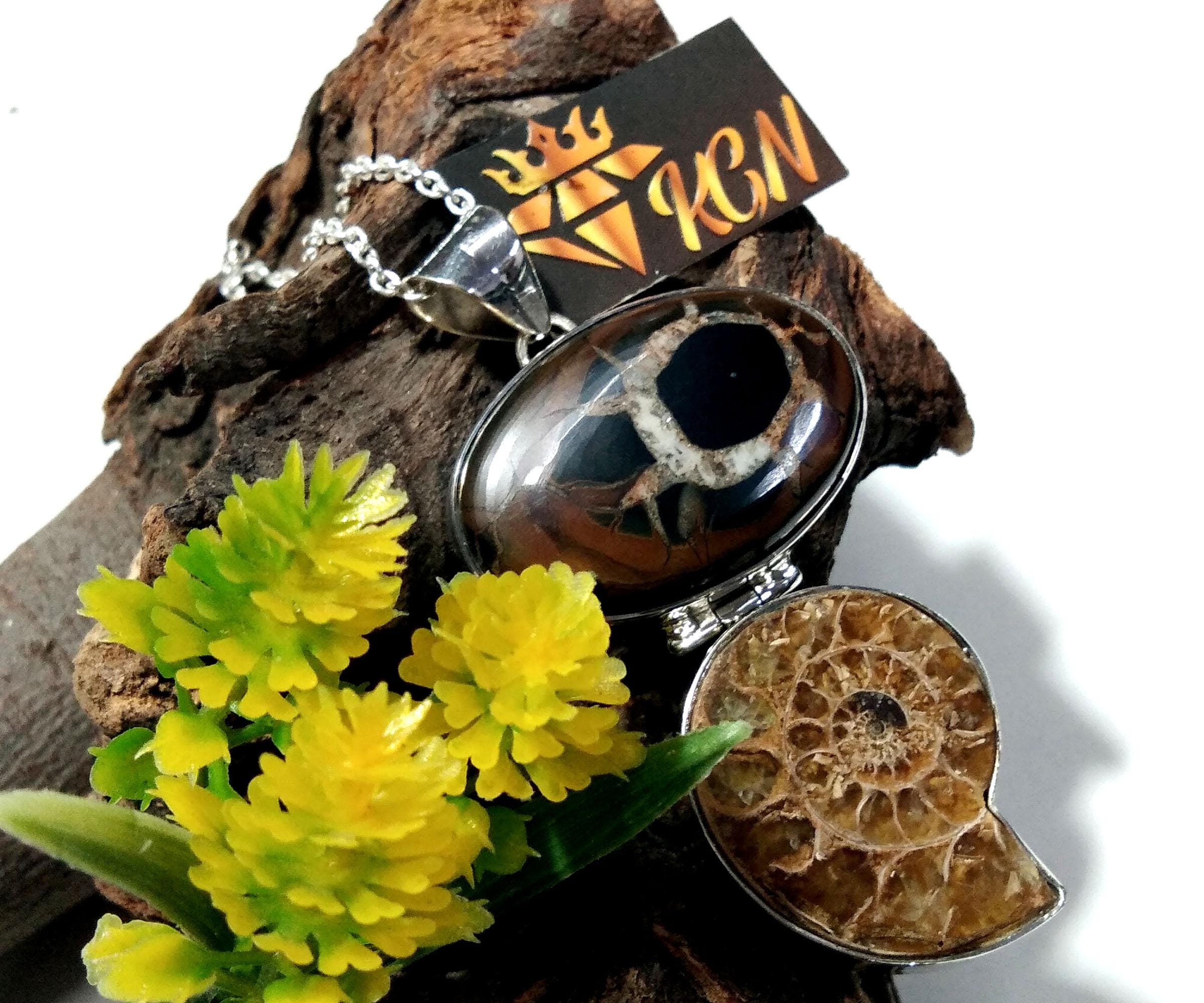 Natural Sapterian & Ammonite Gemstone Pendant Chain Necklace, 925 Silver Pendant Jewelry, Handmade Pendant Necklace, Gift Birthday Pendant