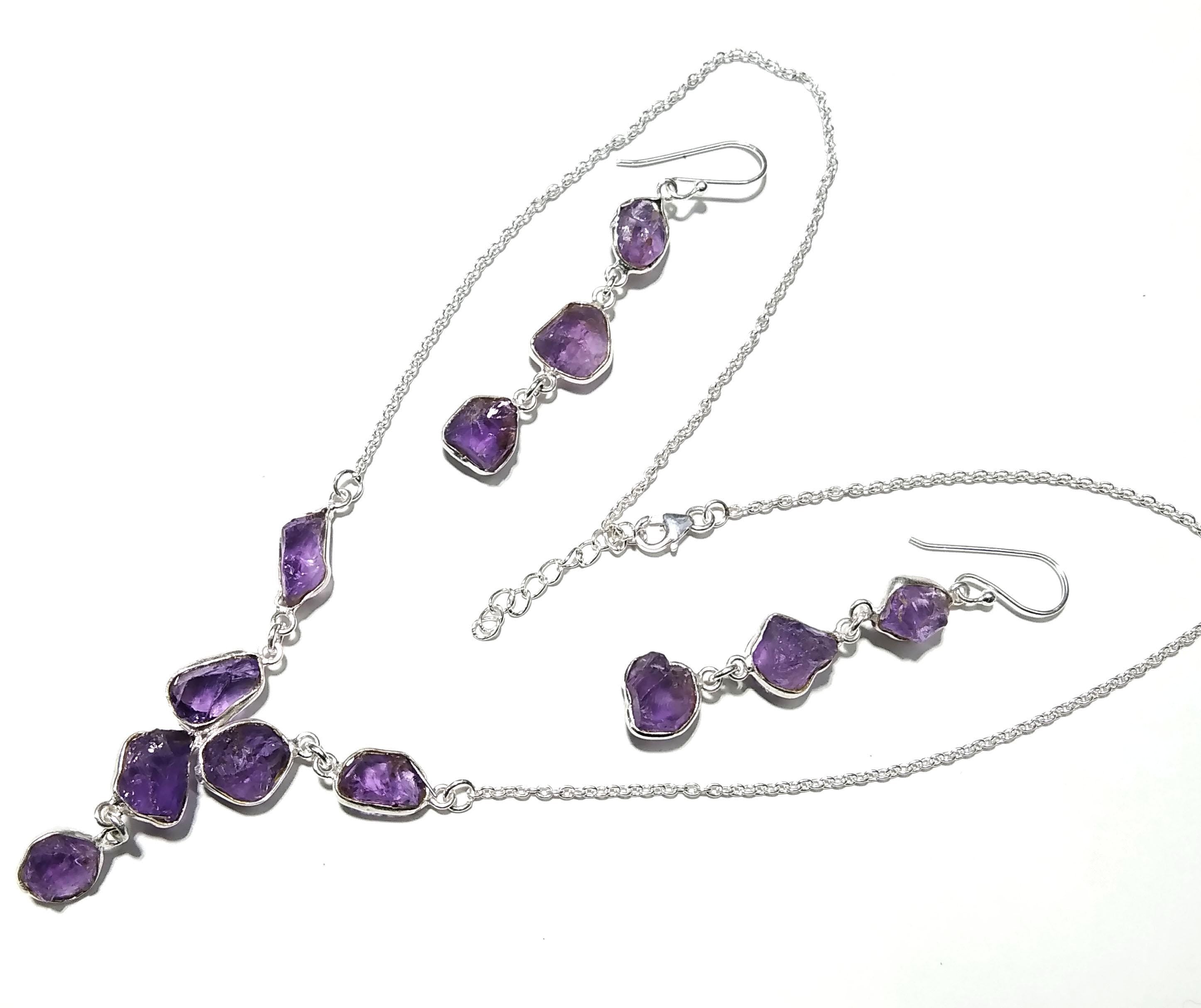 Natural Amethyst Rough Earrings And Necklace Jewellery Set, 925 Solid Sterling Silver Necklace Amazing Quality Amethyst Gift For Girls/Women