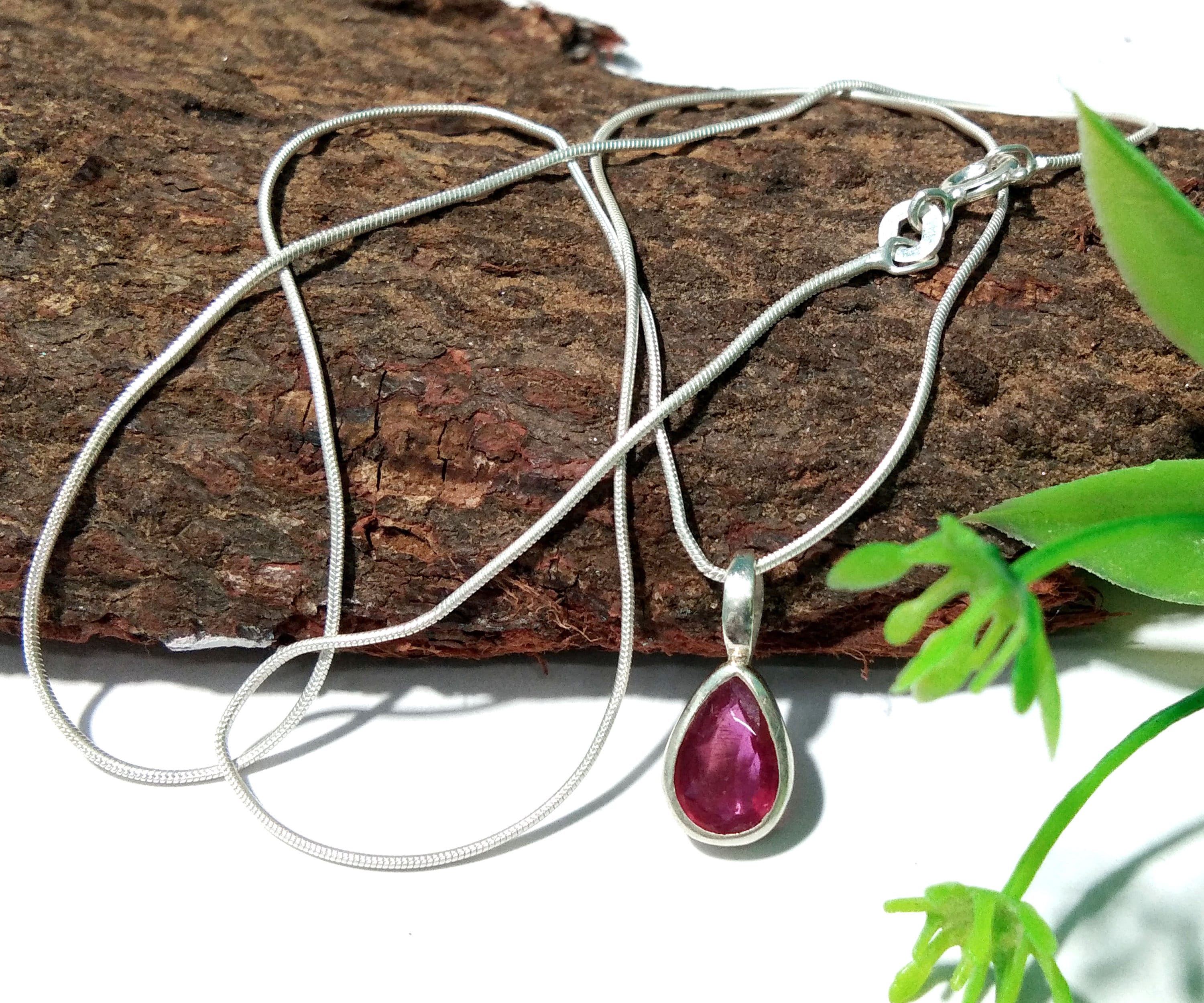 Natural Red Ruby Faceted Stone Pendant Necklace Chain, 925 Solid Sterling Silver Chain Pendant Necklace, For Gift Chain Pendant