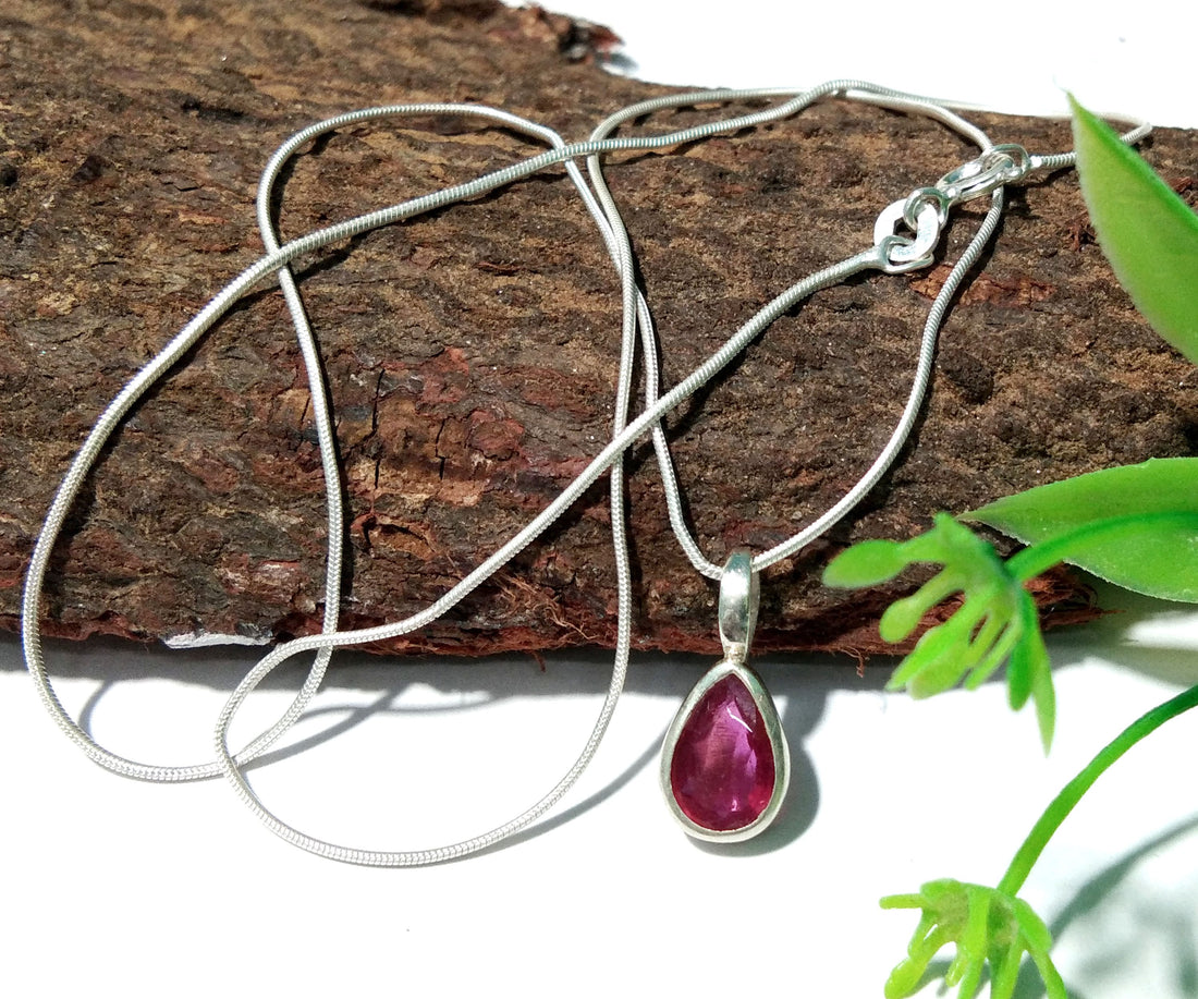 Natural Red Ruby Faceted Stone Pendant Necklace Chain, 925 Solid Sterling Silver Chain Pendant Necklace, For Gift Chain Pendant