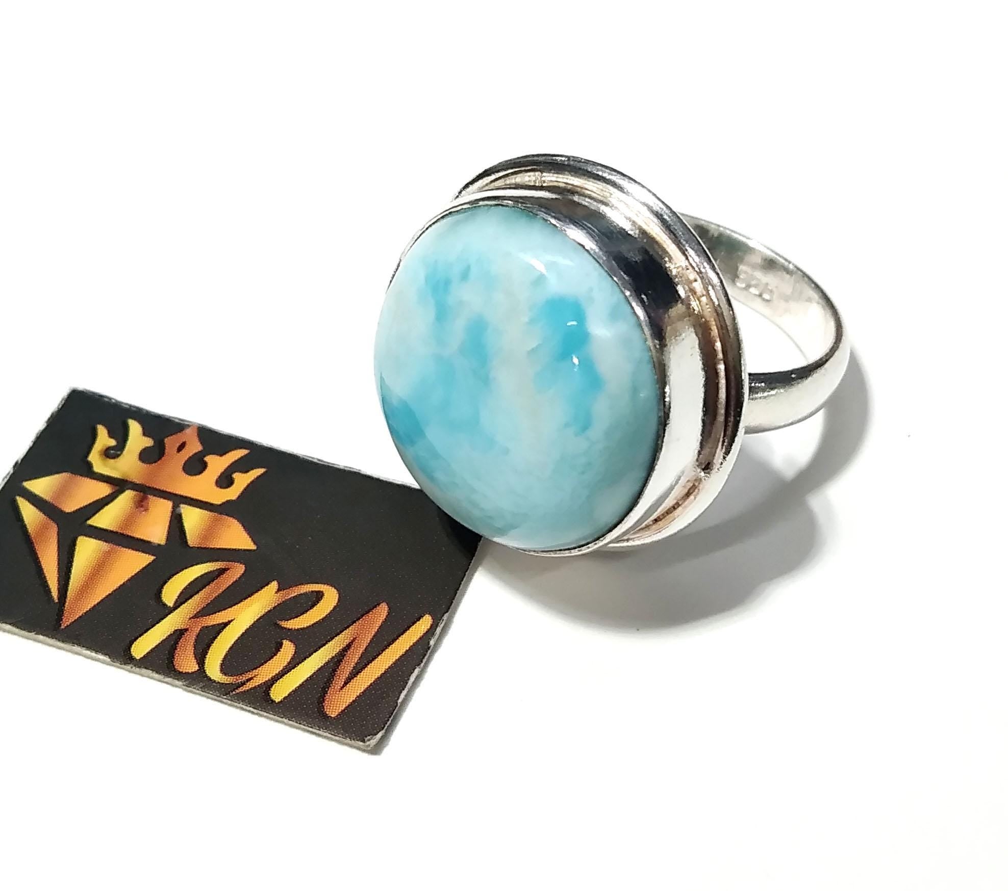 Natural Larimar Gemstone Ring, 925 Solid Starling Silver Ring Jewelry, Round Shape Stone Size 18x18 mm Handmade Silver Jewelry Ring